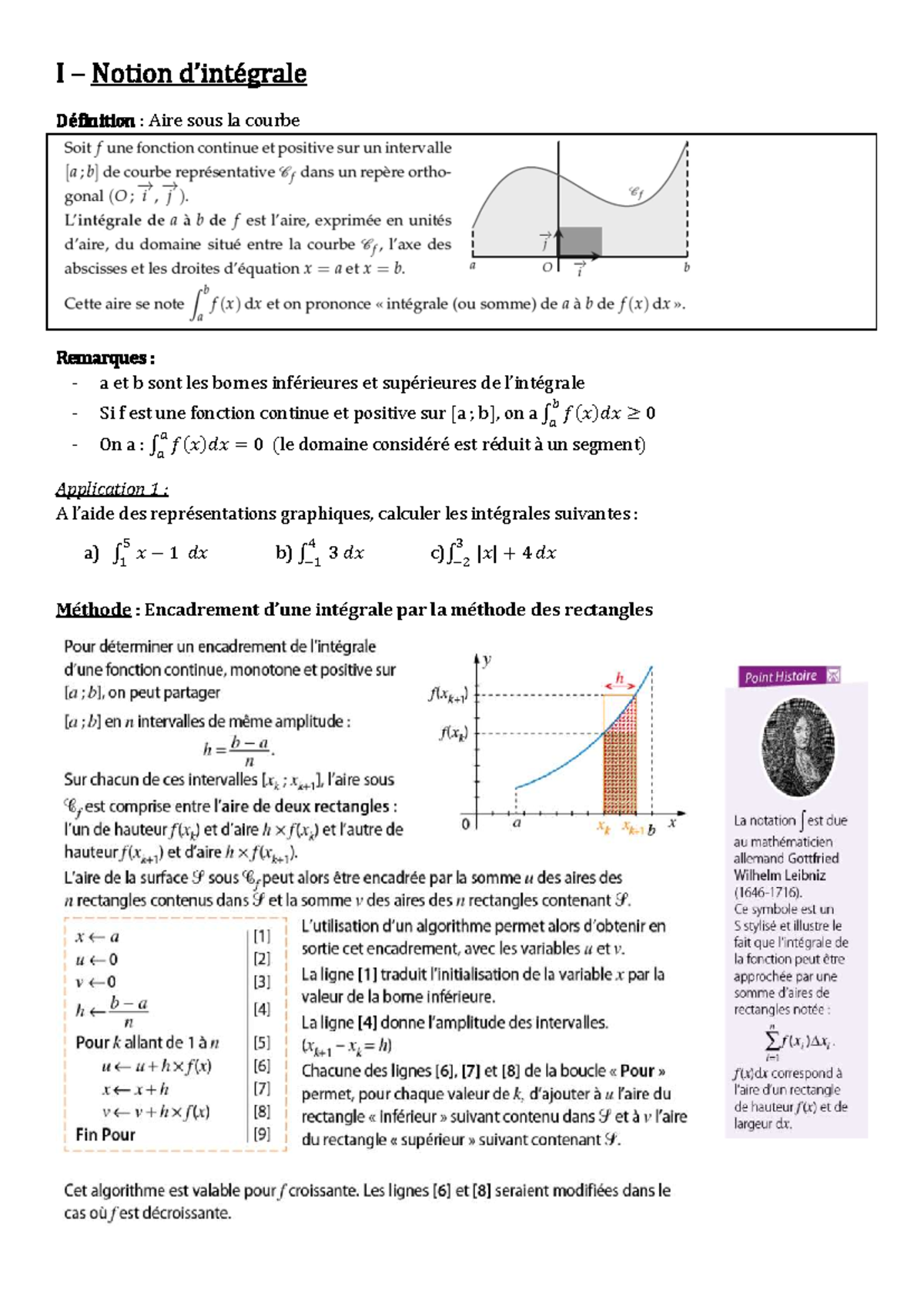 I Notion dintégrale Intégrales Définition Aire sous la courbe