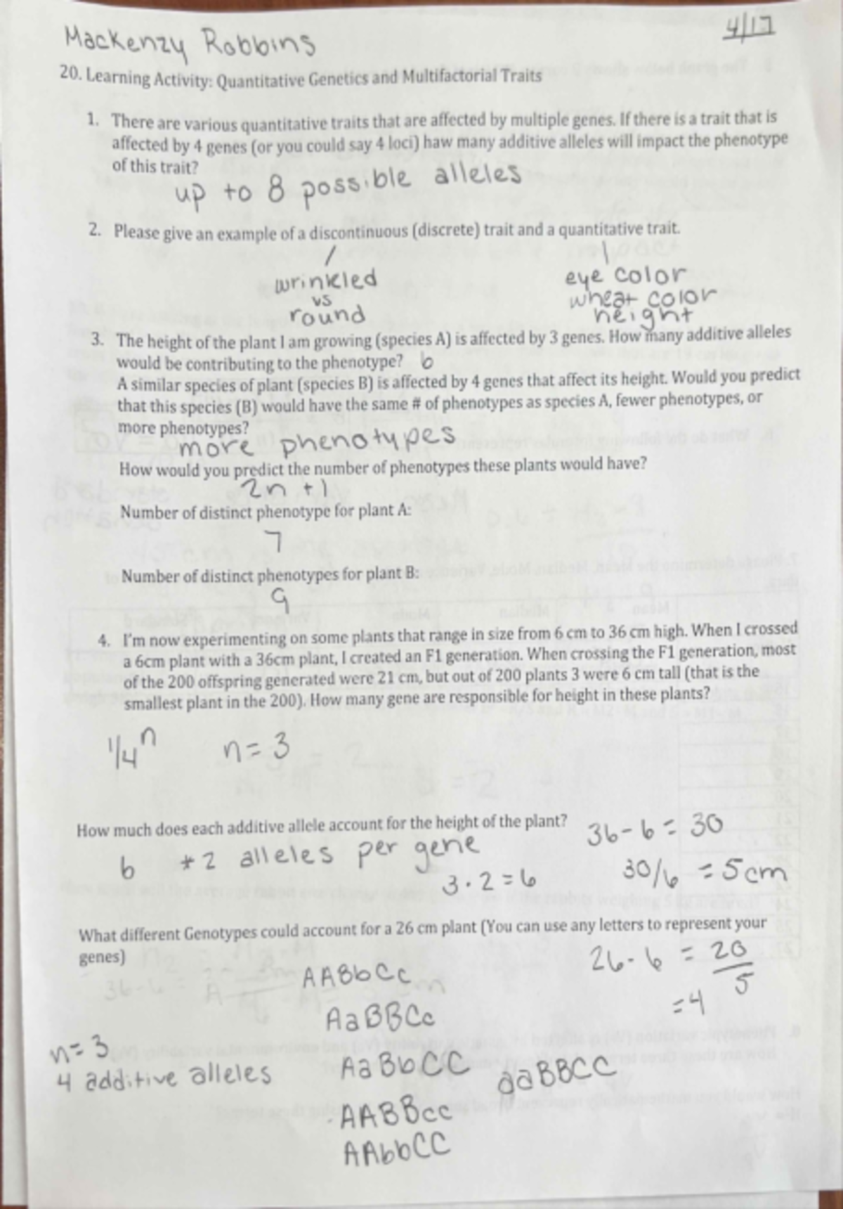 Genetics Learning Activity 20 - BIO 262 - Studocu