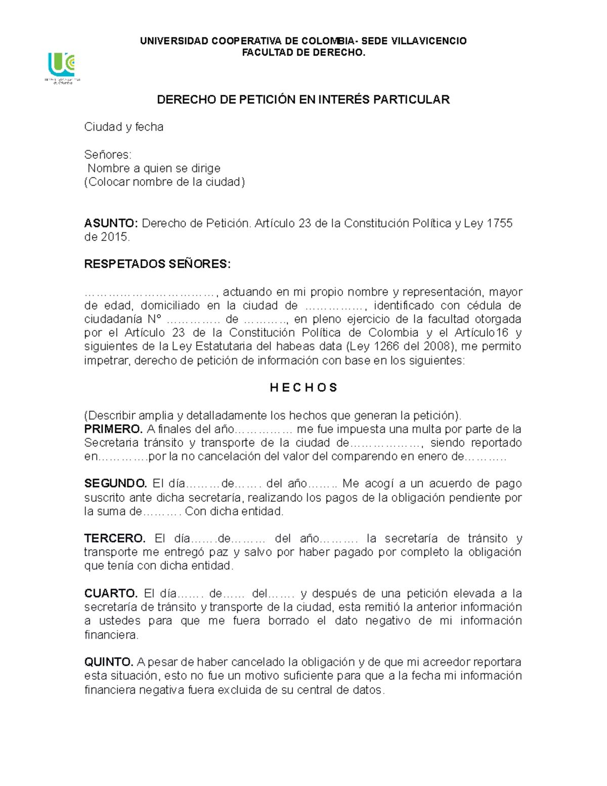 Modelos Derechos DE Peticion - FACULTAD DE DERECHO. DERECHO DE PETICIÓN ...