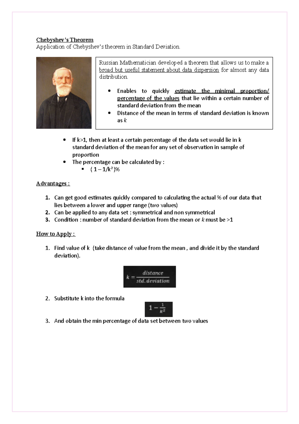 Topic 2 : Chebyshev's Theorem - Chebyshev’s Theorem Application of ...