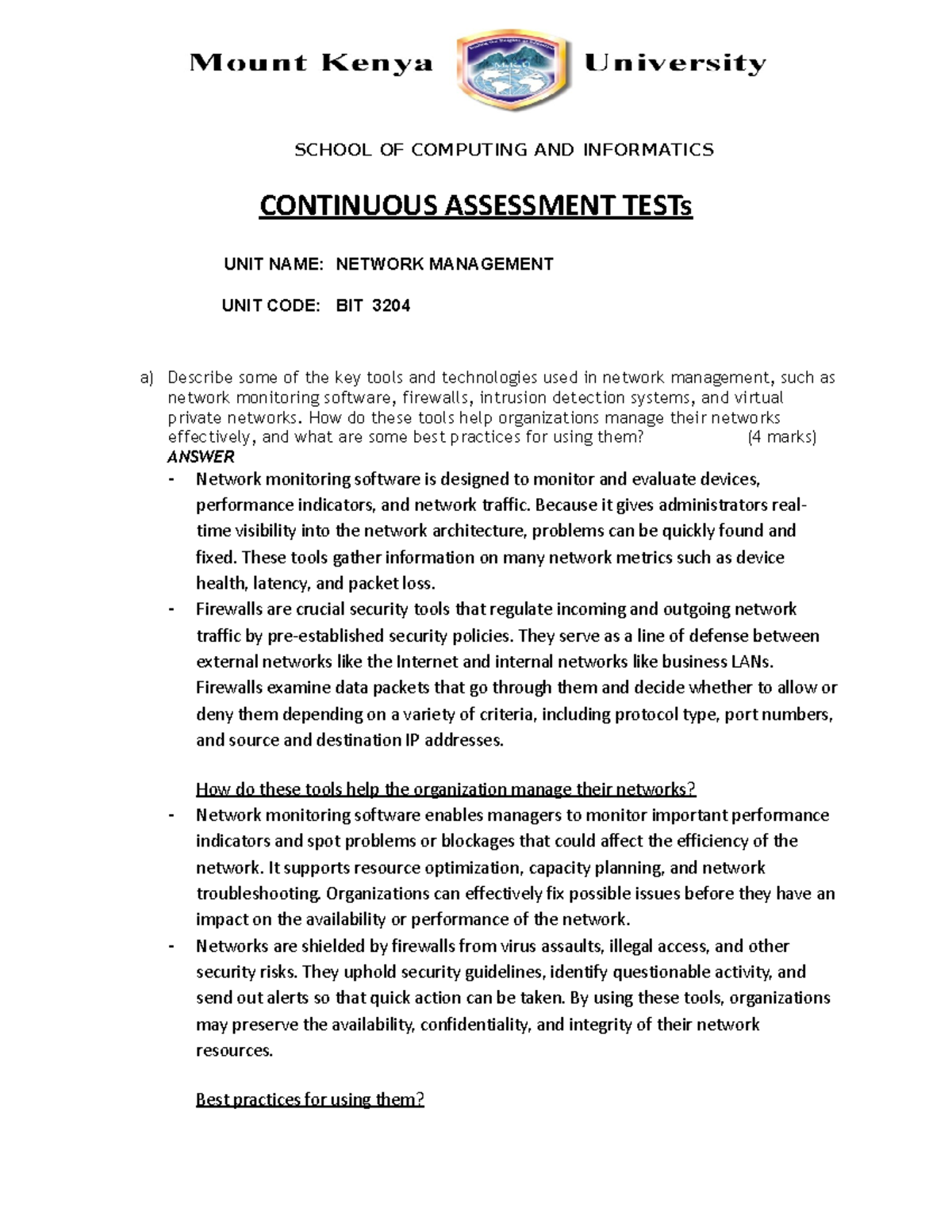 BIT3204 Network management C.A.T s.docxSep Dec 2023 SCHOOL OF