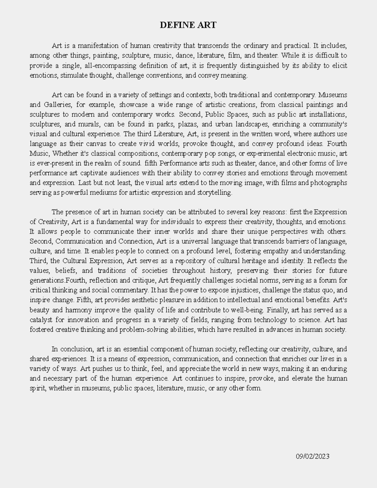 Assignment 1 Define ART DEFINE ART Art is a manifestation of human