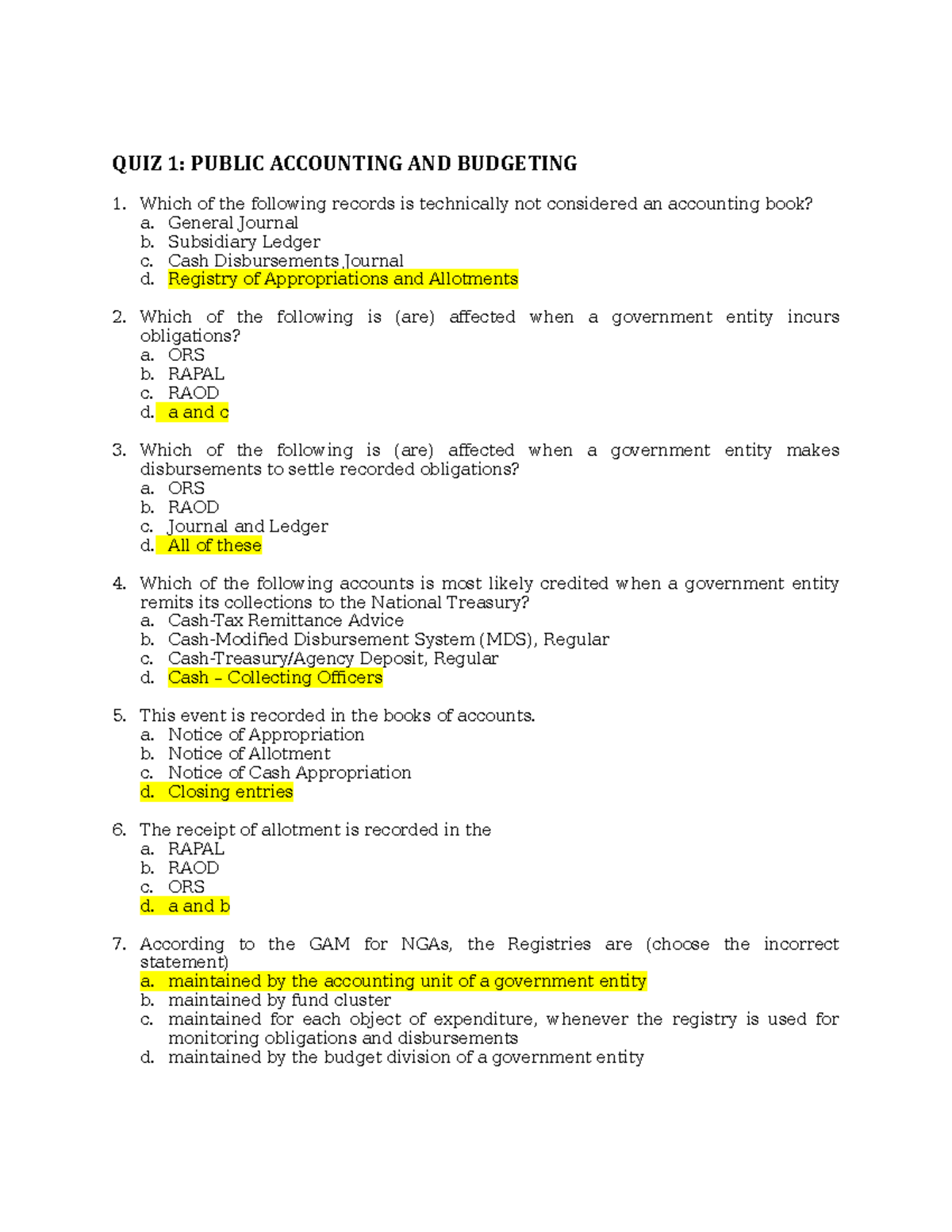 MillangovernmentMCQ QUIZ 1 PUBLIC ACCOUNTING AND BUDGETING Which