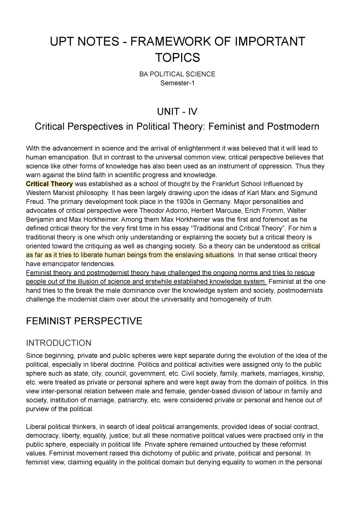 Feminism- Political Theory - UPT NOTES - FRAMEWORK OF IMPORTANT TOPICS ...