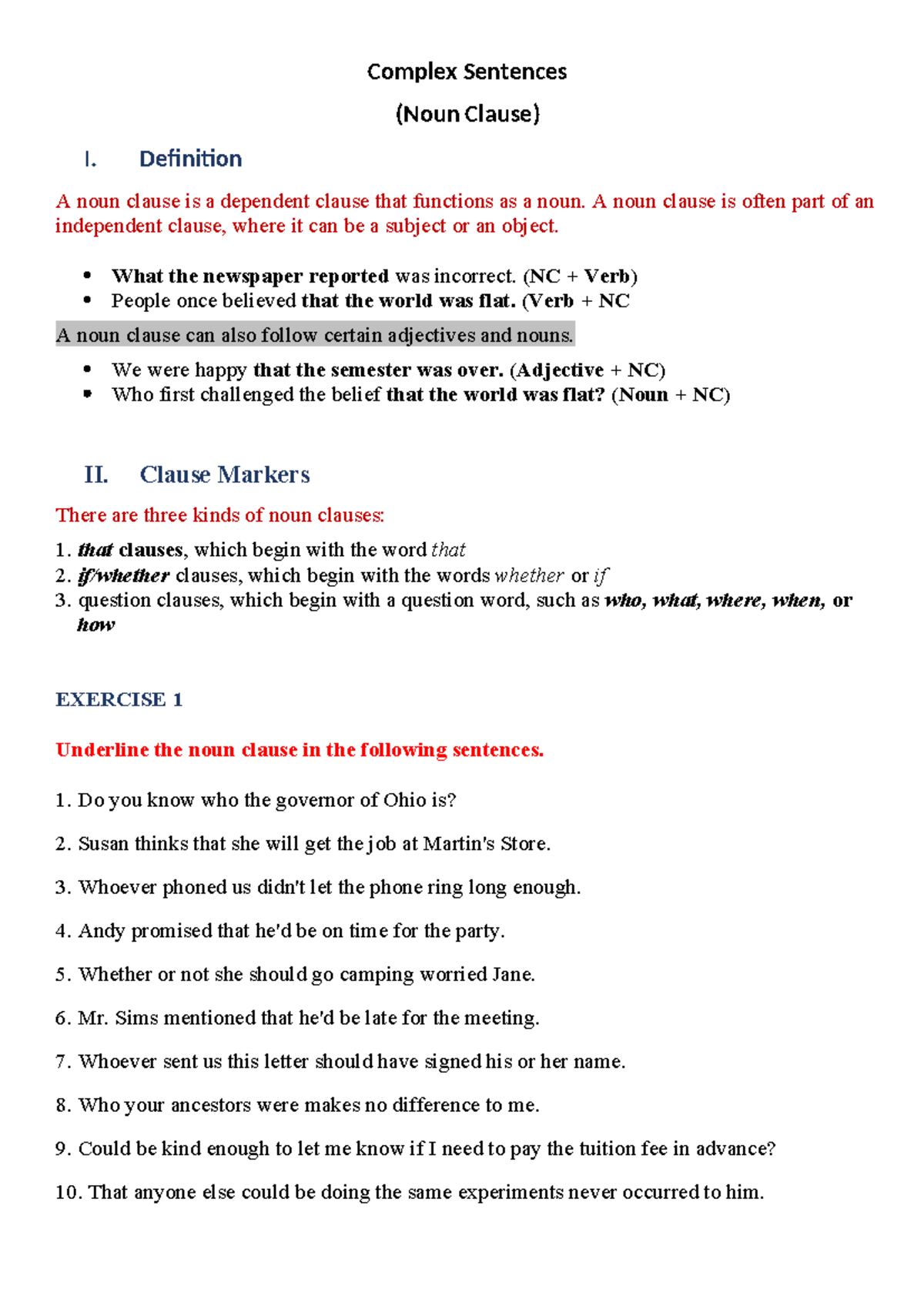 Complex Sentences Non Cluase Unit 3 Complex Sentences (Noun Clause) I