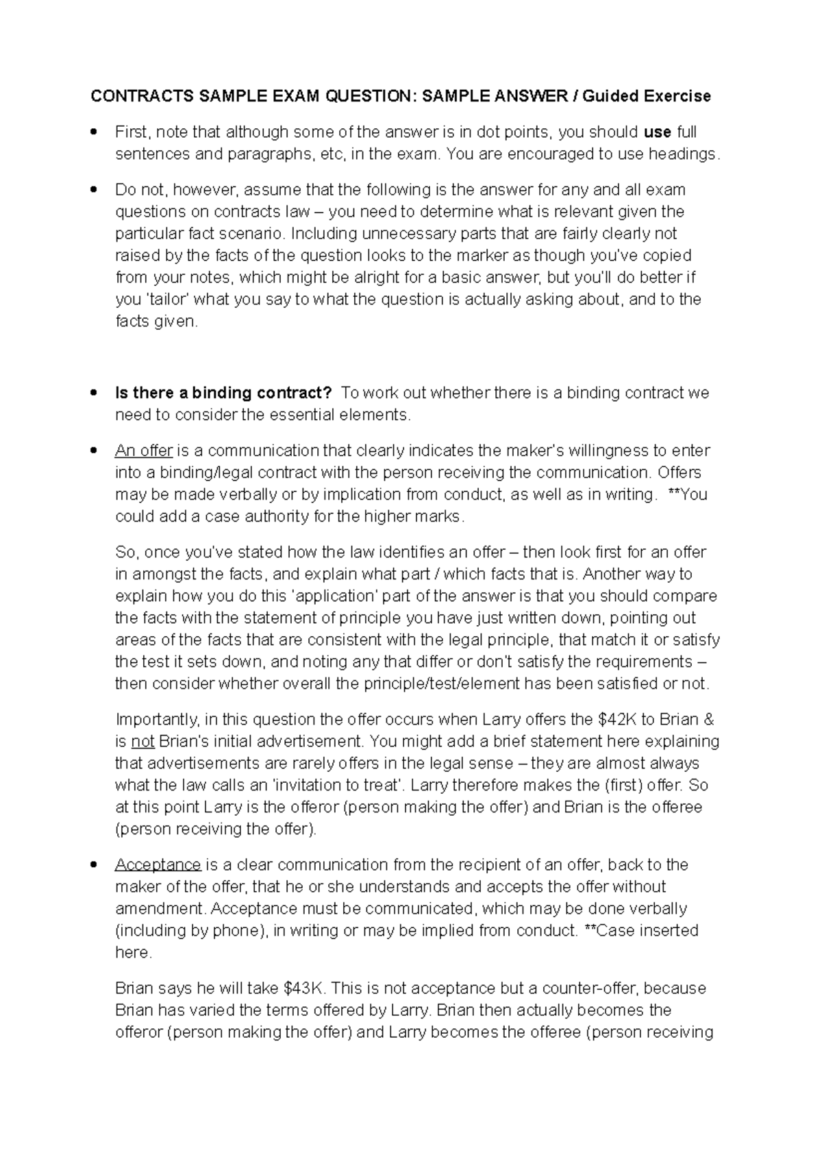 Guided contract answer - CONTRACTS SAMPLE EXAM QUESTION: SAMPLE ANSWER ...