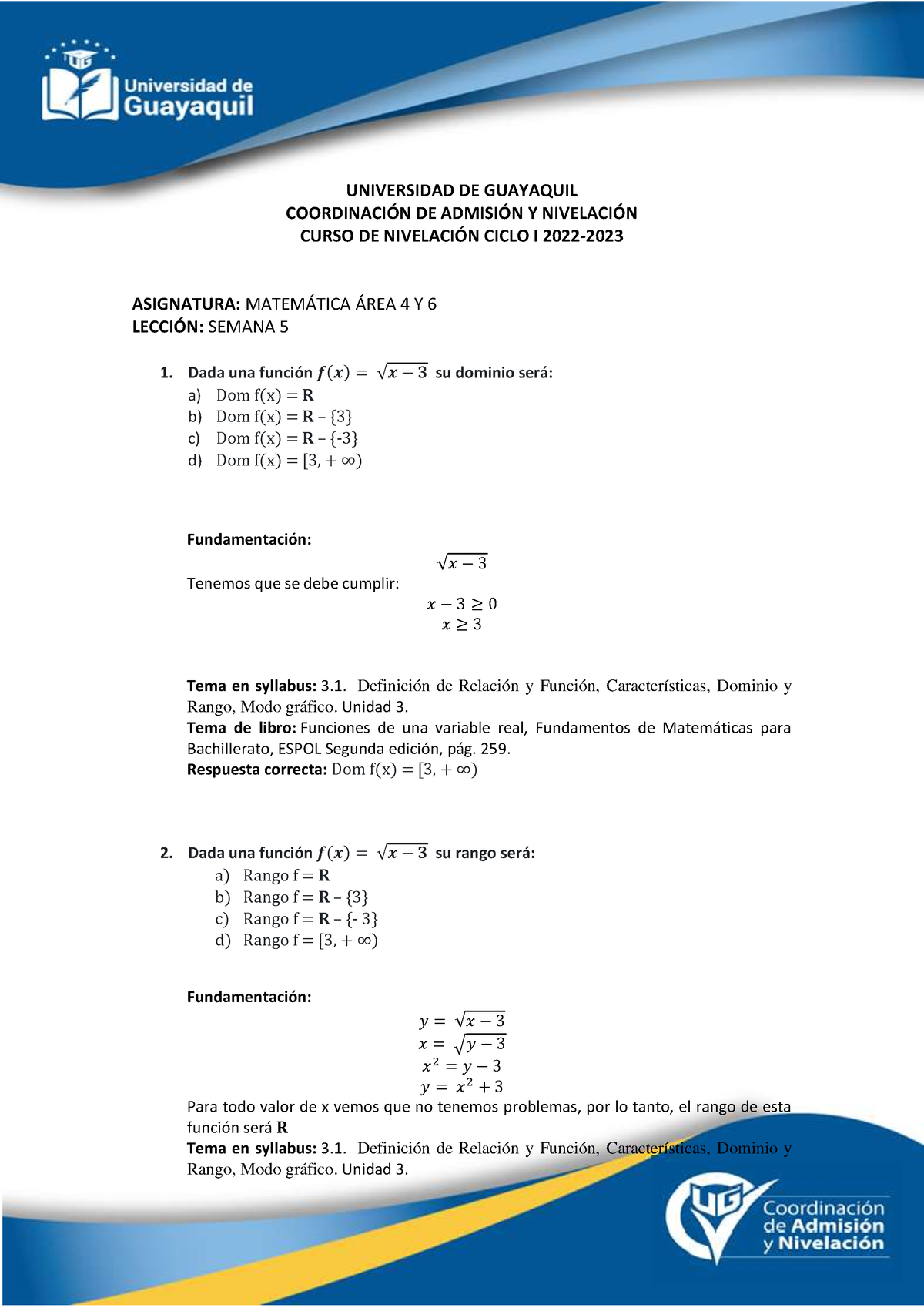 CUESTIONARIO MATEMÁTICAS LECCIÓN SEMANA 5 - UNIVERSIDAD DE GUAYAQUIL ...