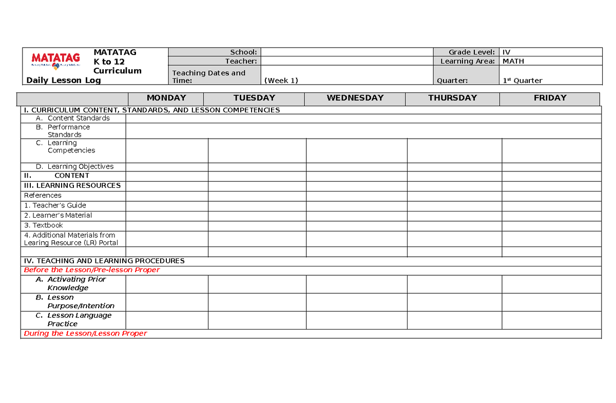 Format Matatag - MATATAG K To 12 Curriculum Daily Lesson Log School ...