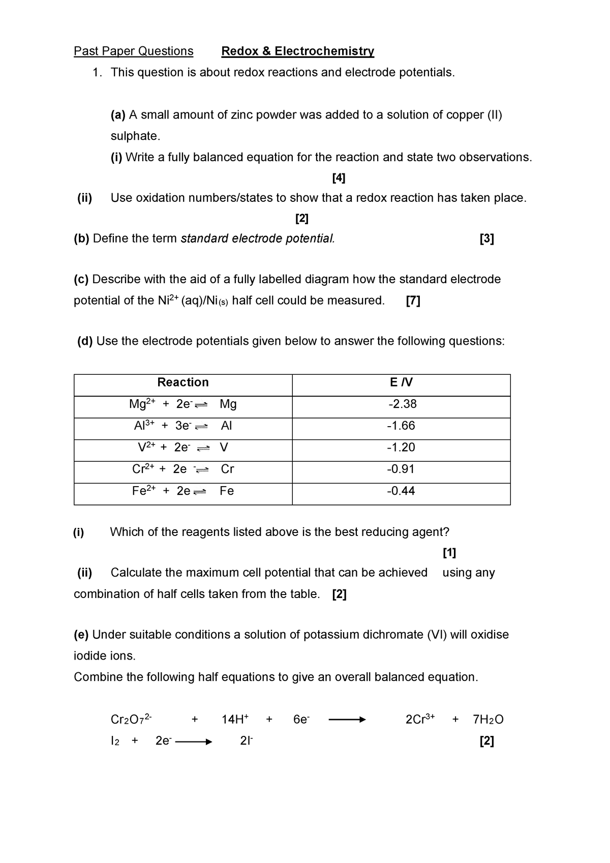 2.1 Past Paper Questions Redox - This question is about redox reactions ...