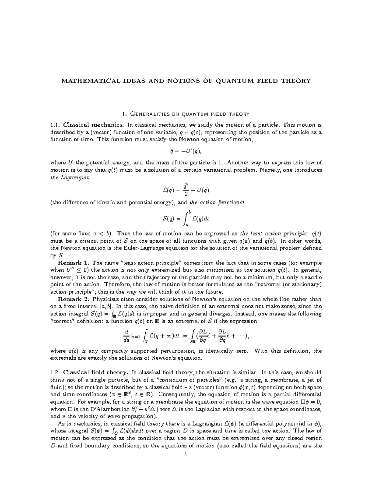 1. Generalities on quantum field theory - MATHEMATICAL IDEAS AND NOTIONS OF QUANTUM FIELD - Studocu