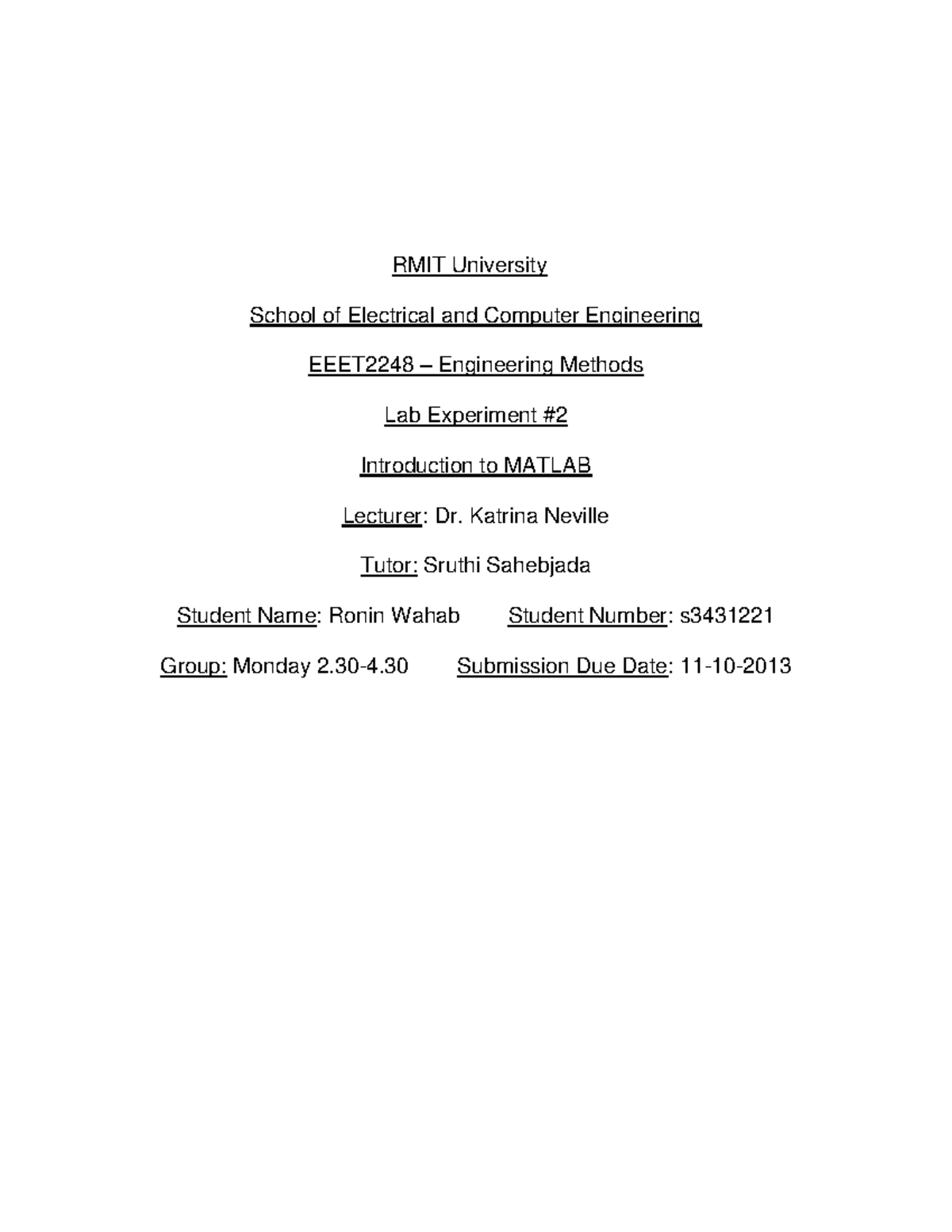 Essay, Lab Experiment # 2 - RMIT University School of Electrical and ...