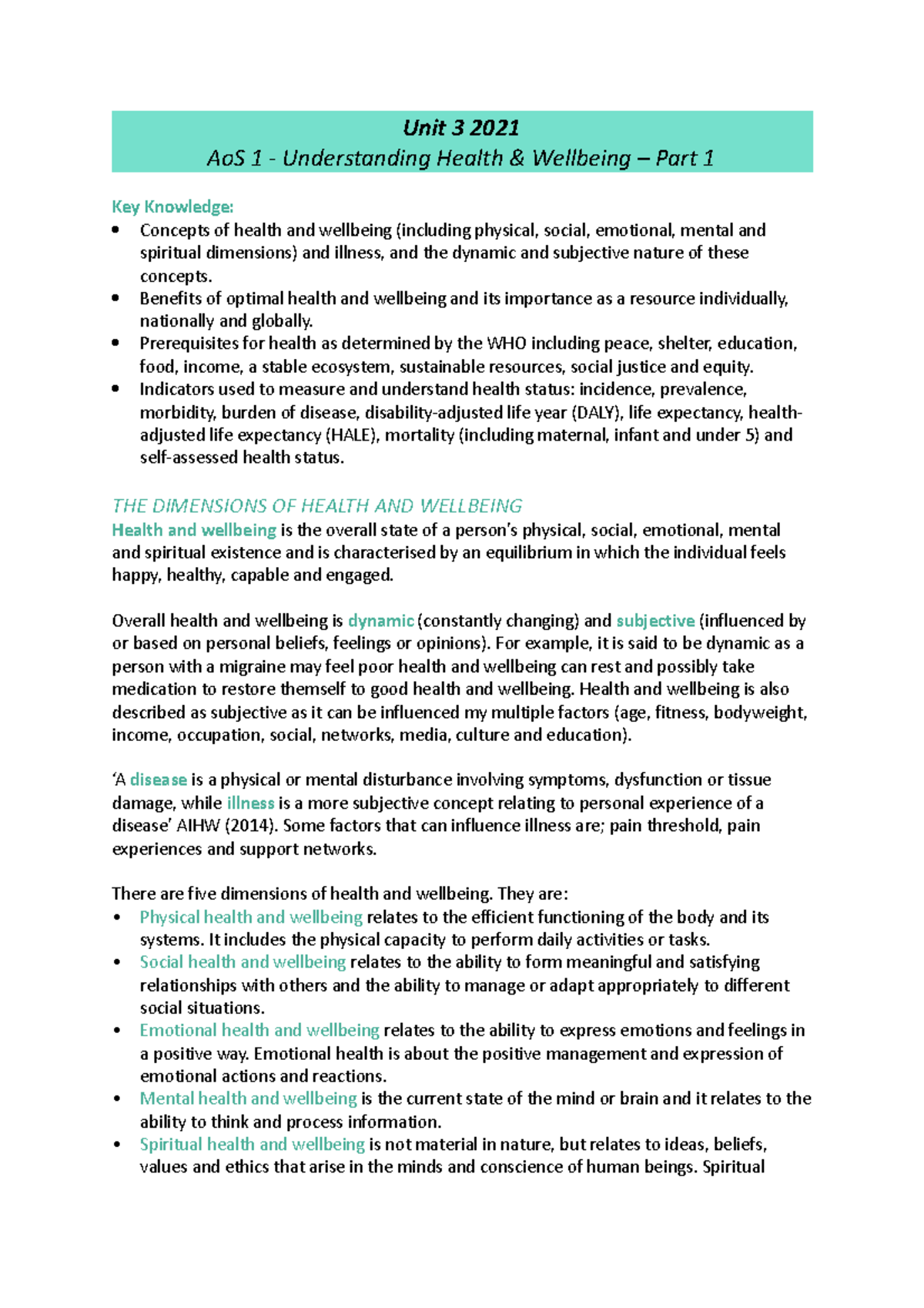 Unit 3 Notes - Unit 3 2021 AoS 1 - Understanding Health & Wellbeing ...