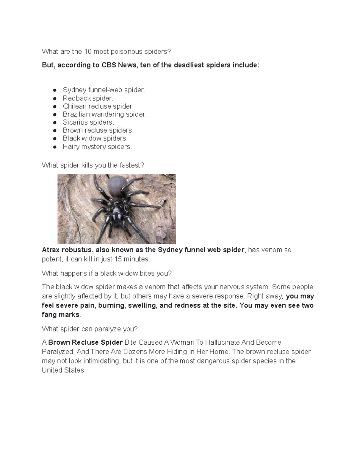 Poisonous Spiders - sscscsscssaa - What are the 10 most poisonous