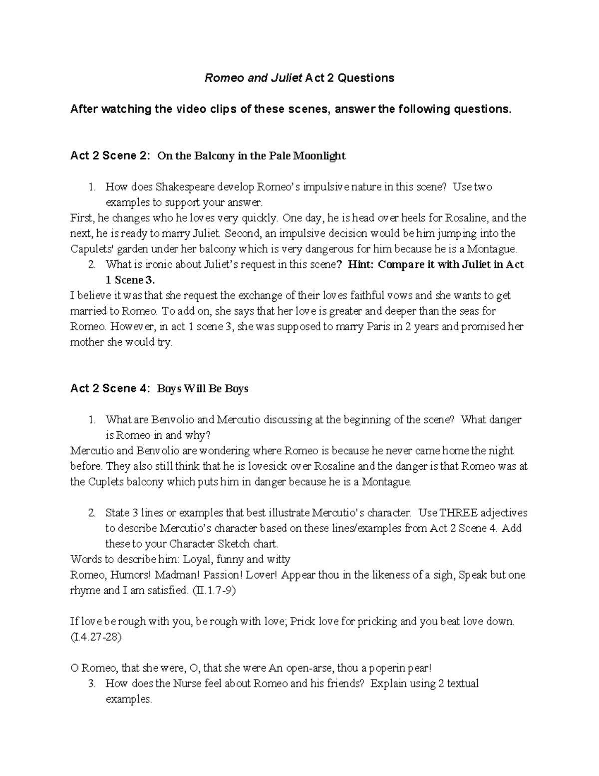 Copy of Romeo and Juliet Act 2 Questions - Romeo and Juliet Act 2 ...
