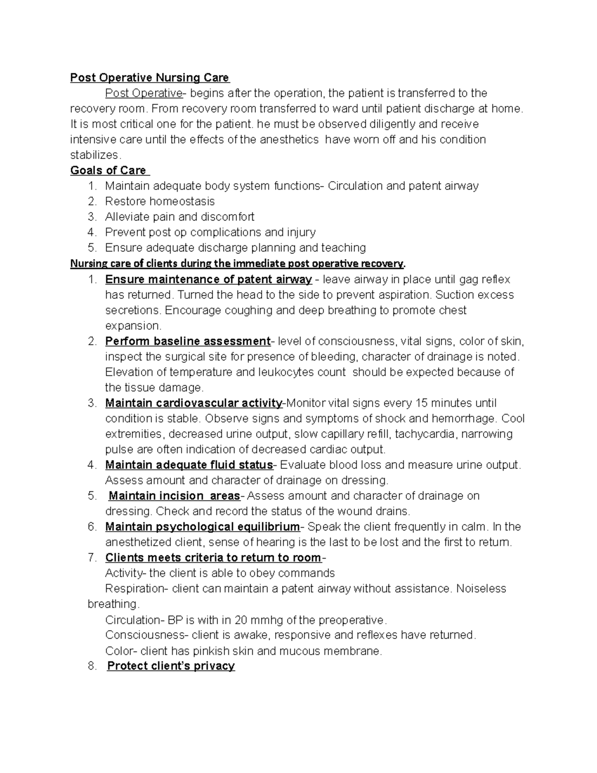 Post Operative Nursing Care - From recovery room transferred to ward ...