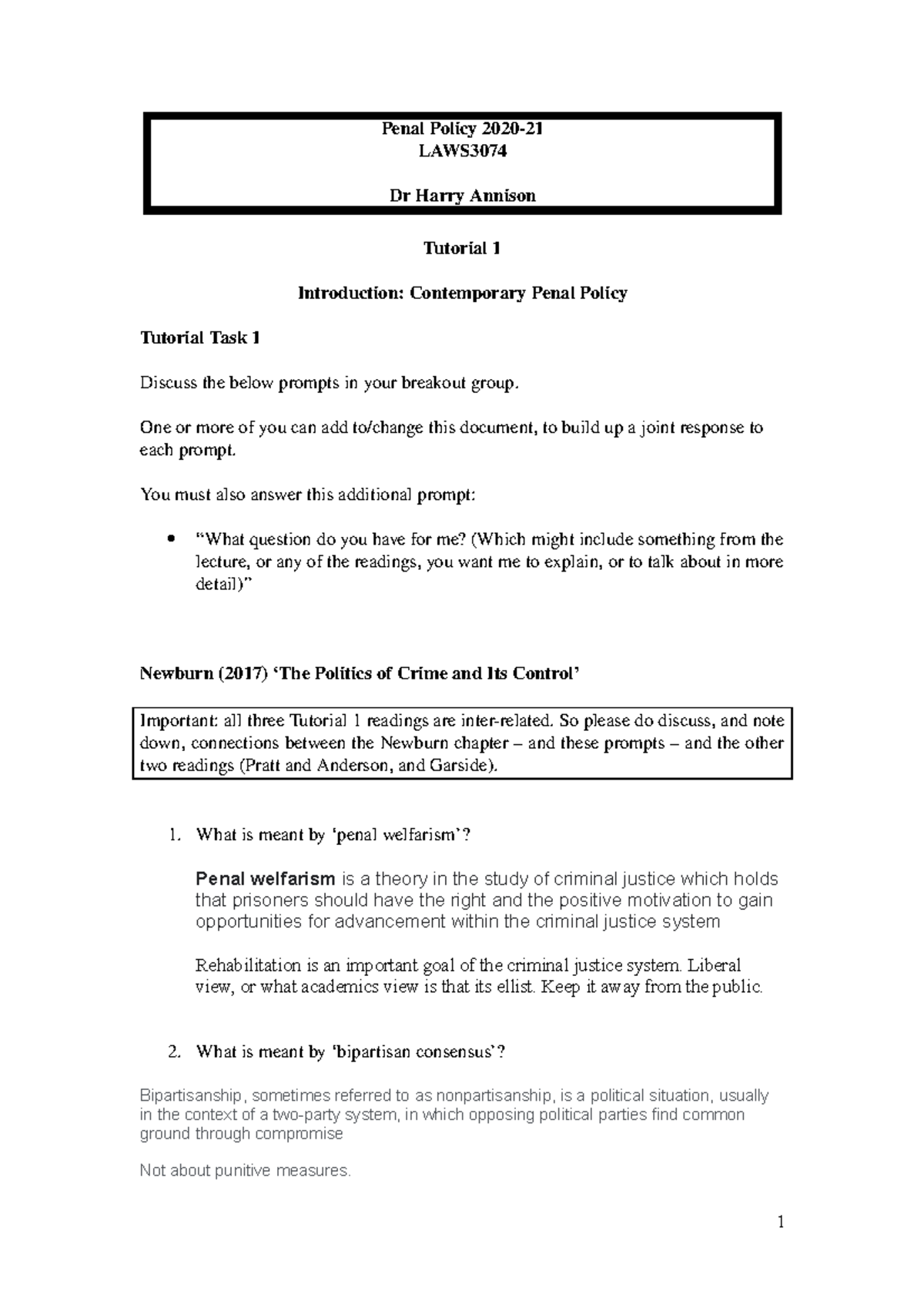 Tutorial 1 task 1 - Penal Policy 2020- LAWS Dr Harry Annison Tutorial 1 ...