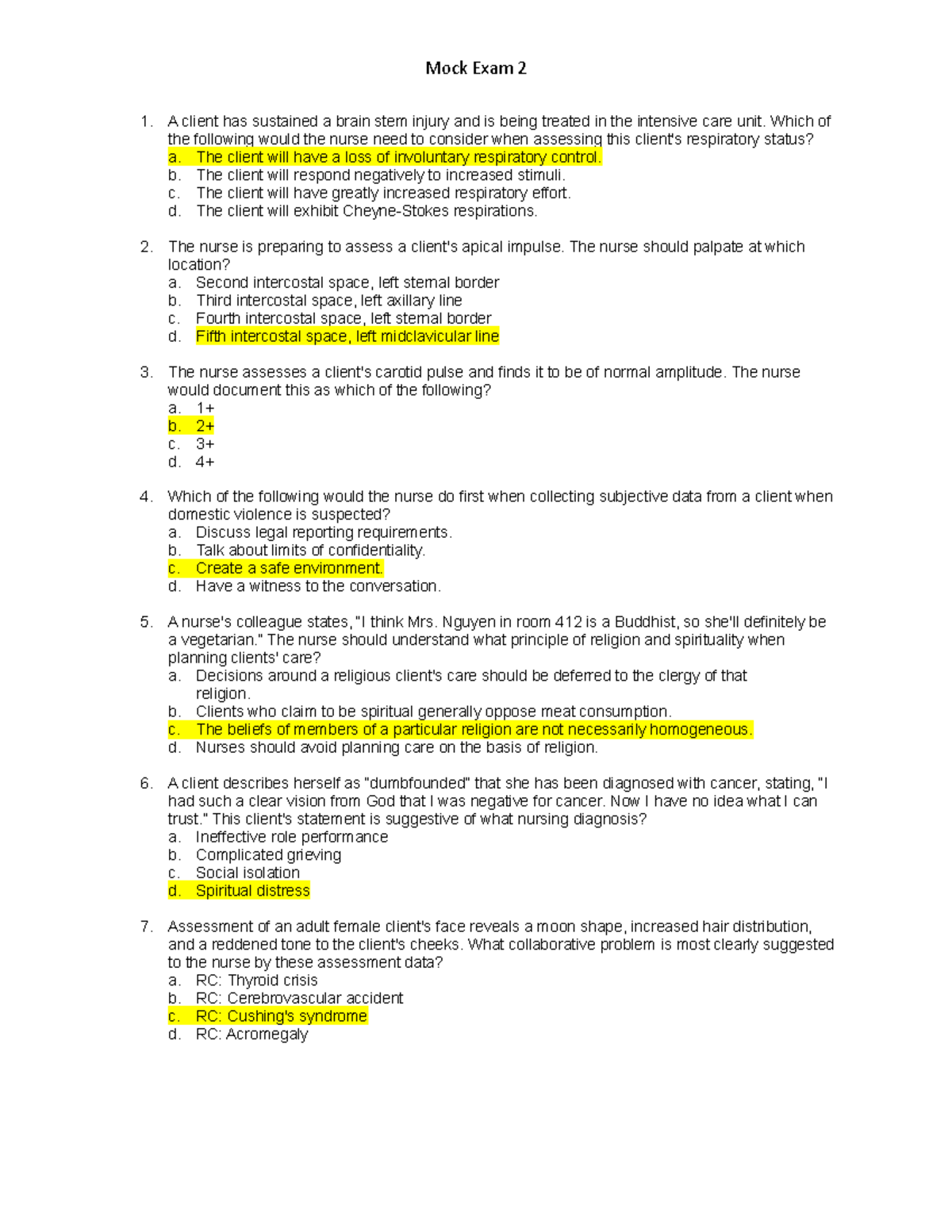 Mock Exam 2-highlighted - A client has sustained a brain stem injury ...