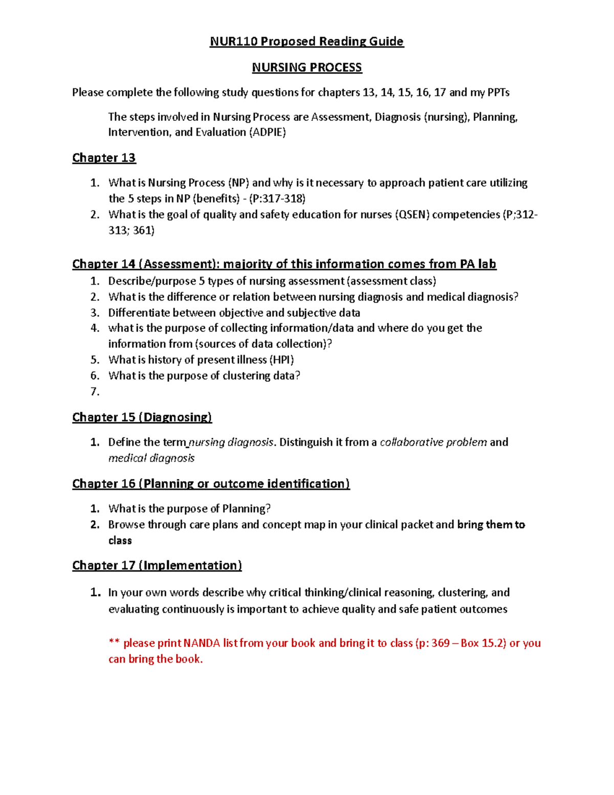 Nursing Process Proposed Reading Guide - NUR110 Proposed Reading Guide ...