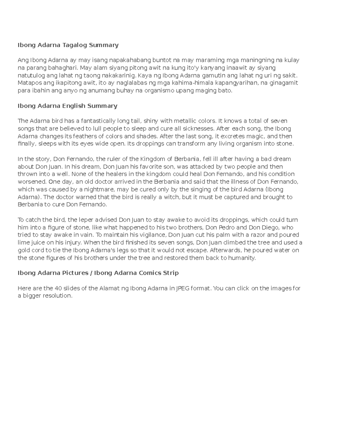 Cupdf ibong adarna - Ibong Adarna Tagalog Summary Ang Ibong Adarna ay ...