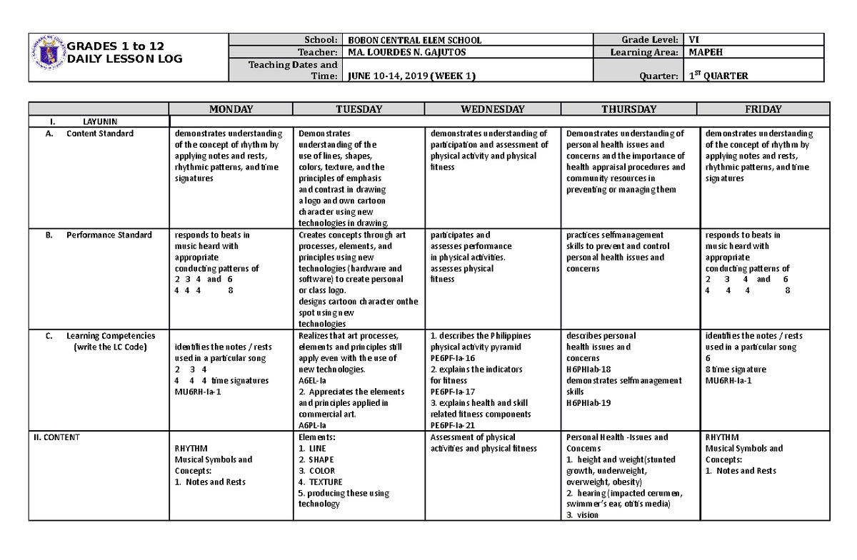 DLL Mapeh 6 Q1 W1 - none - GRADES 1 to 12 DAILY LESSON LOG School ...