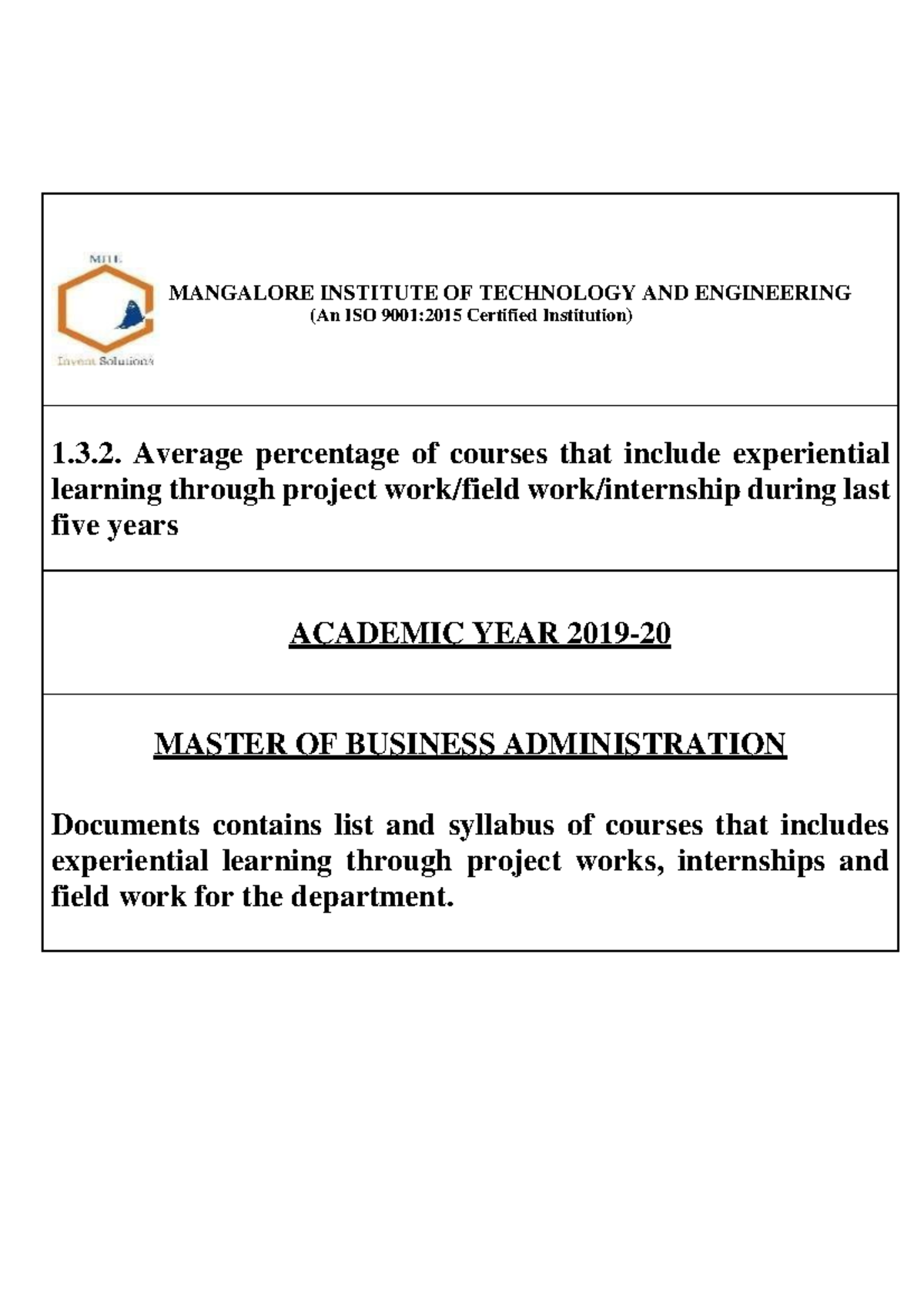 1 Course course MANGALORE INSTITUTE OF TECHNOLOGY AND ENGINEERING