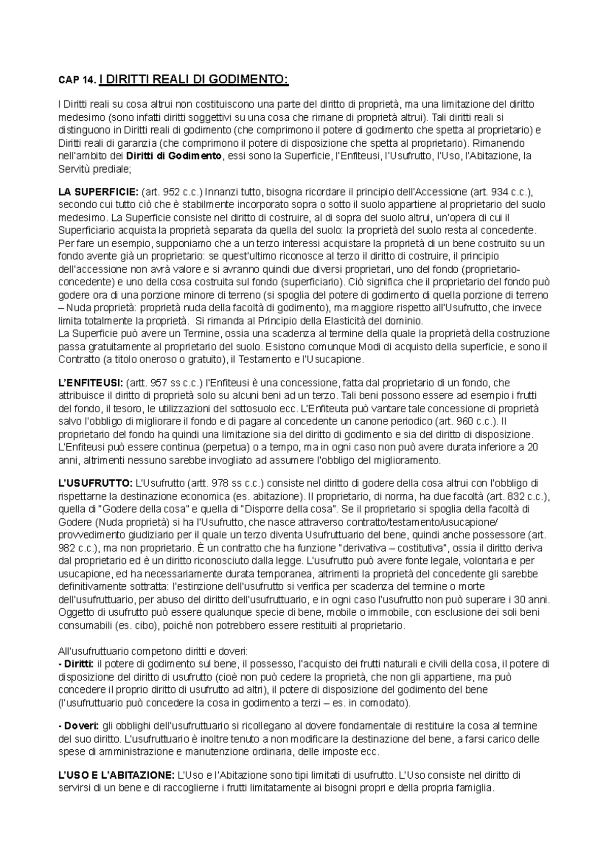 Diritti Reali DI Godimento CAP 14. I DIRITTI REALI DI GODIMENTO I