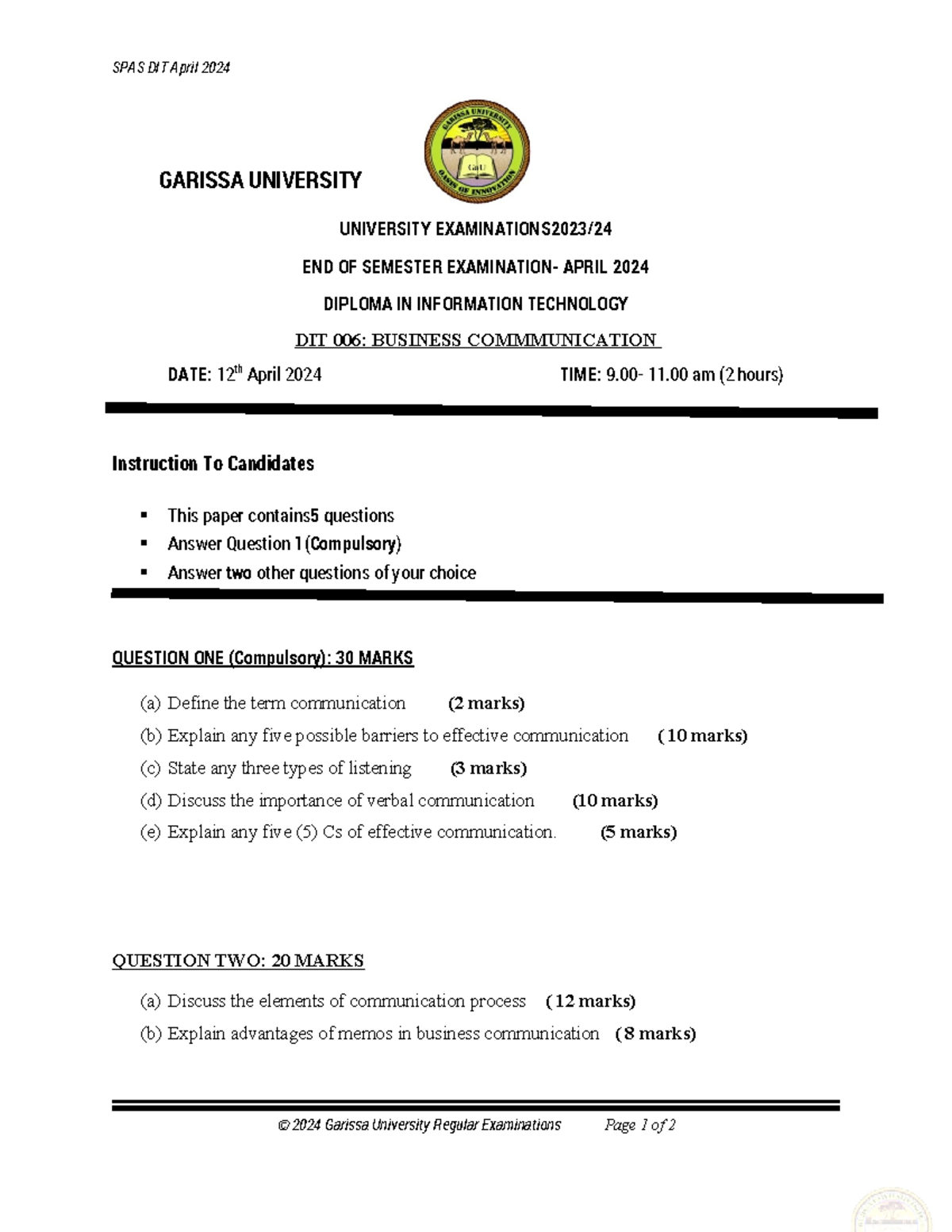 DIT 006 - LECTURE NOTES - SPAS DIT April 2024 GARISSA UNIVERSITY ...