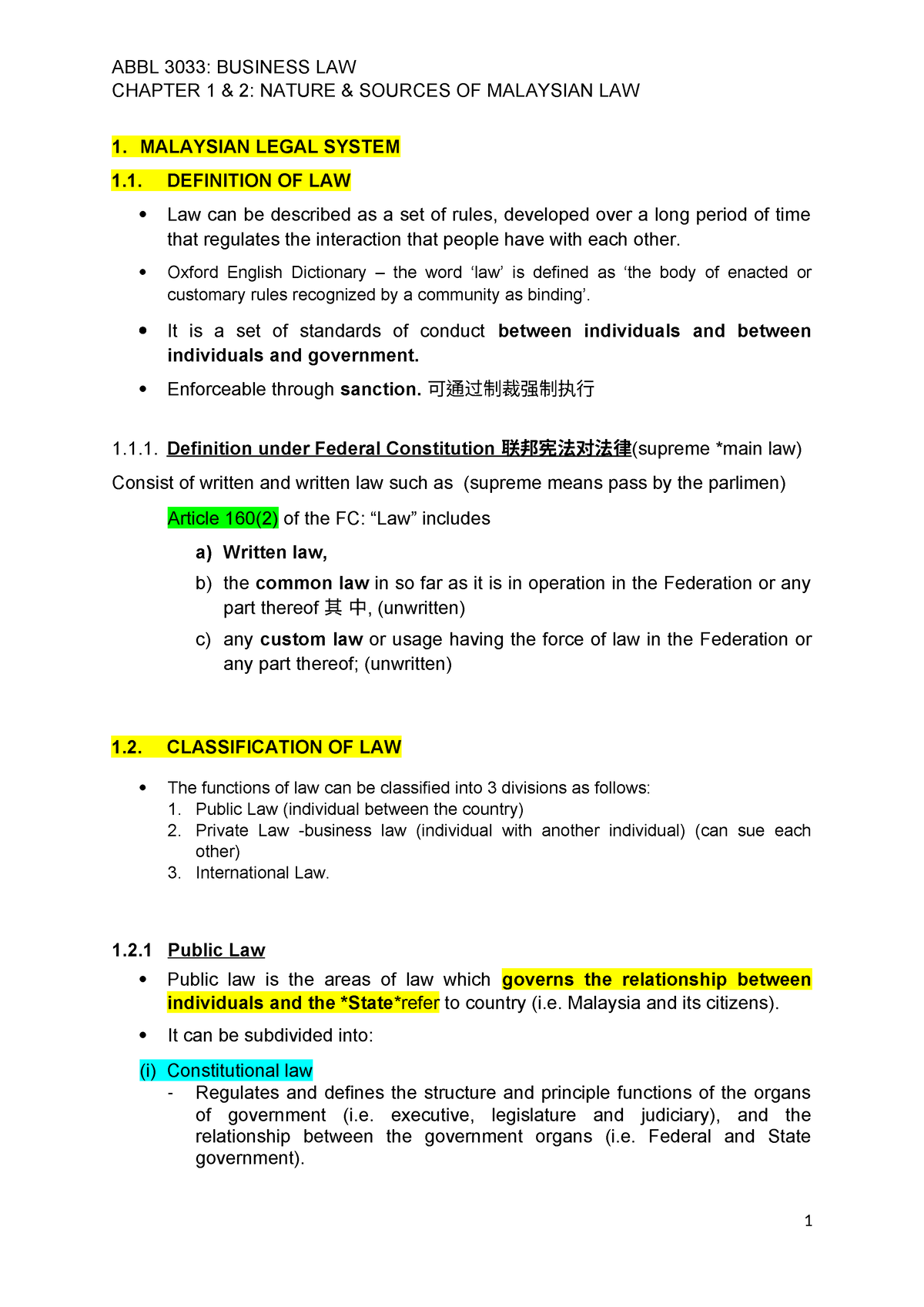 Chapter 1-2 Nature AND Sources OF Malaysian LAW - CHAPTER 1 & 2: NATURE ...