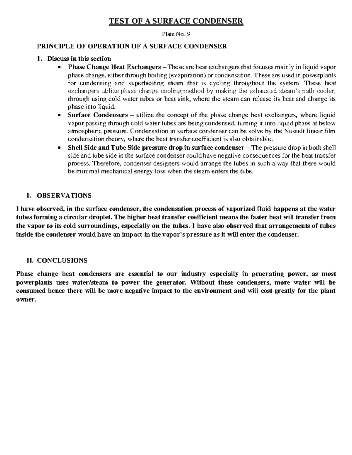Plate No. 9 test of a Surface Condenser TEST OF A SURFACE CONDENSER Plate No. 9 PRINCIPLE OF