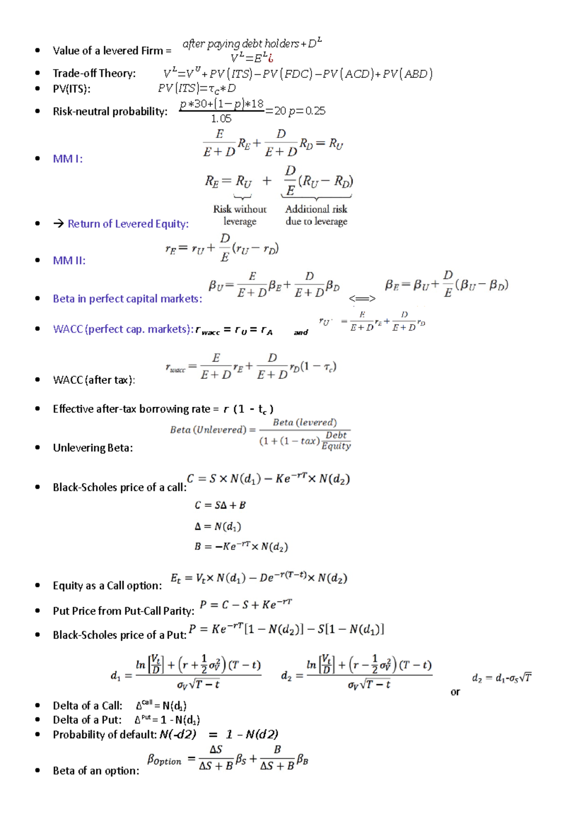 Formula sheet - Vorlesungsnotizen 1-5 - Value of a levered Firm = VL=EL ...