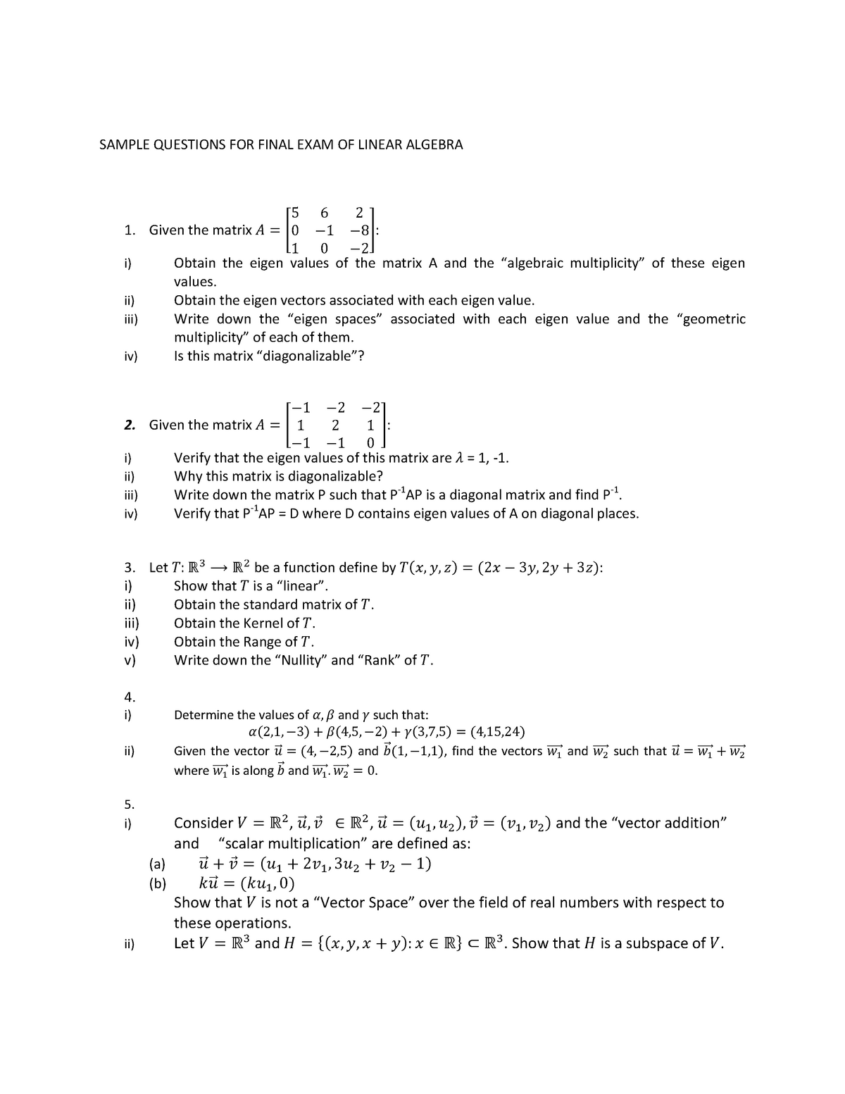 Sample Questions Linear Algebra Warning Tt Undefined Function 32 Warning Tt Undefined Studocu