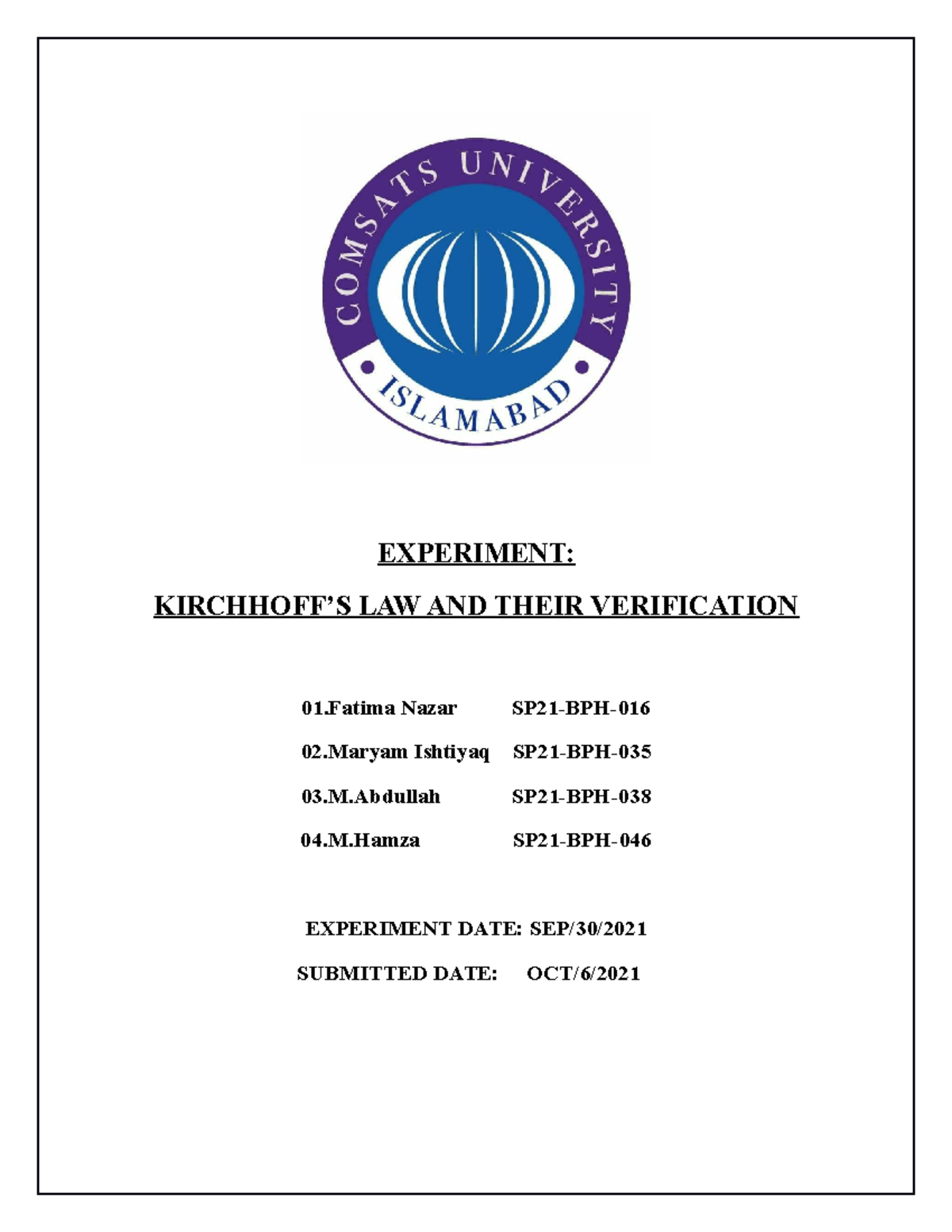 Phy lab report EXPERIMENT KIRCHHOFF’S LAW AND THEIR VERIFICATION 01