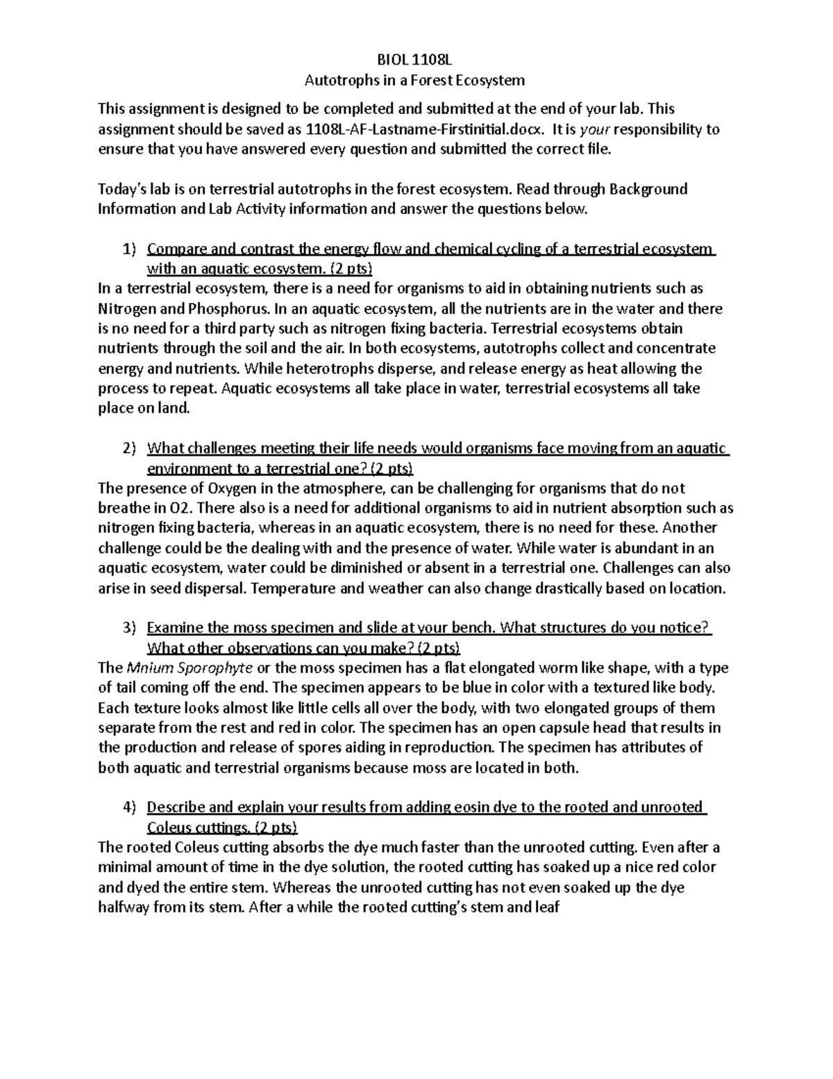 1108L AF Nelson E - Lab - BIOL 1108L Autotrophs in a Forest Ecosystem ...