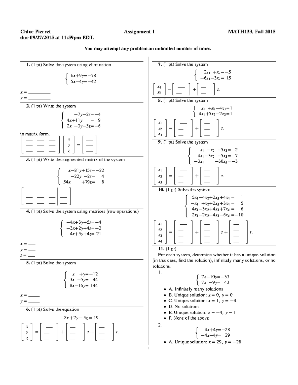 Webwork 1 - practice/exam - Chloe Pierret Assignment 1 MATH133, Fall ...