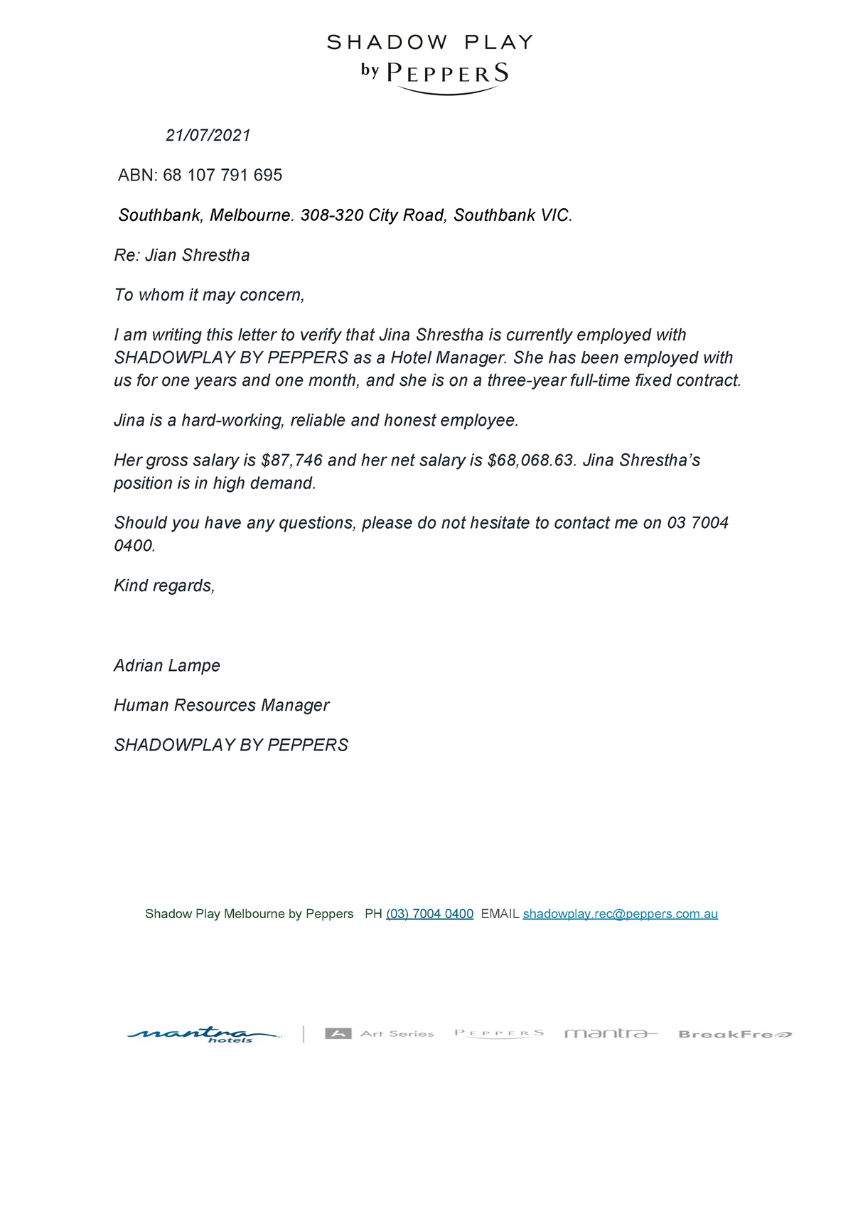 Confirmation of Employment letter - 21/07/ ABN: 68 107 791 695 ...