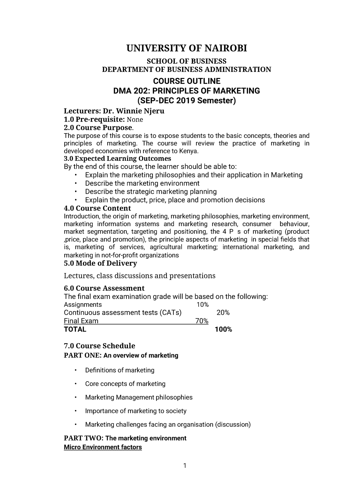 DMA 202 Principles OF Marketing Course Outline UNIVERSITY OF NAIROBI