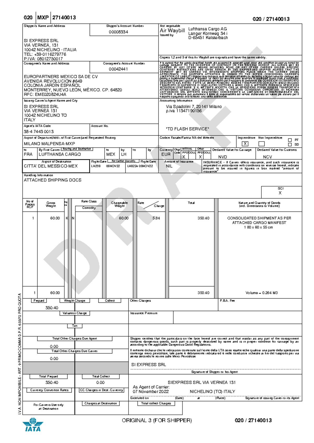 020-27140013 - D R A F T Shipper's Name and Address Shipper's Account ...