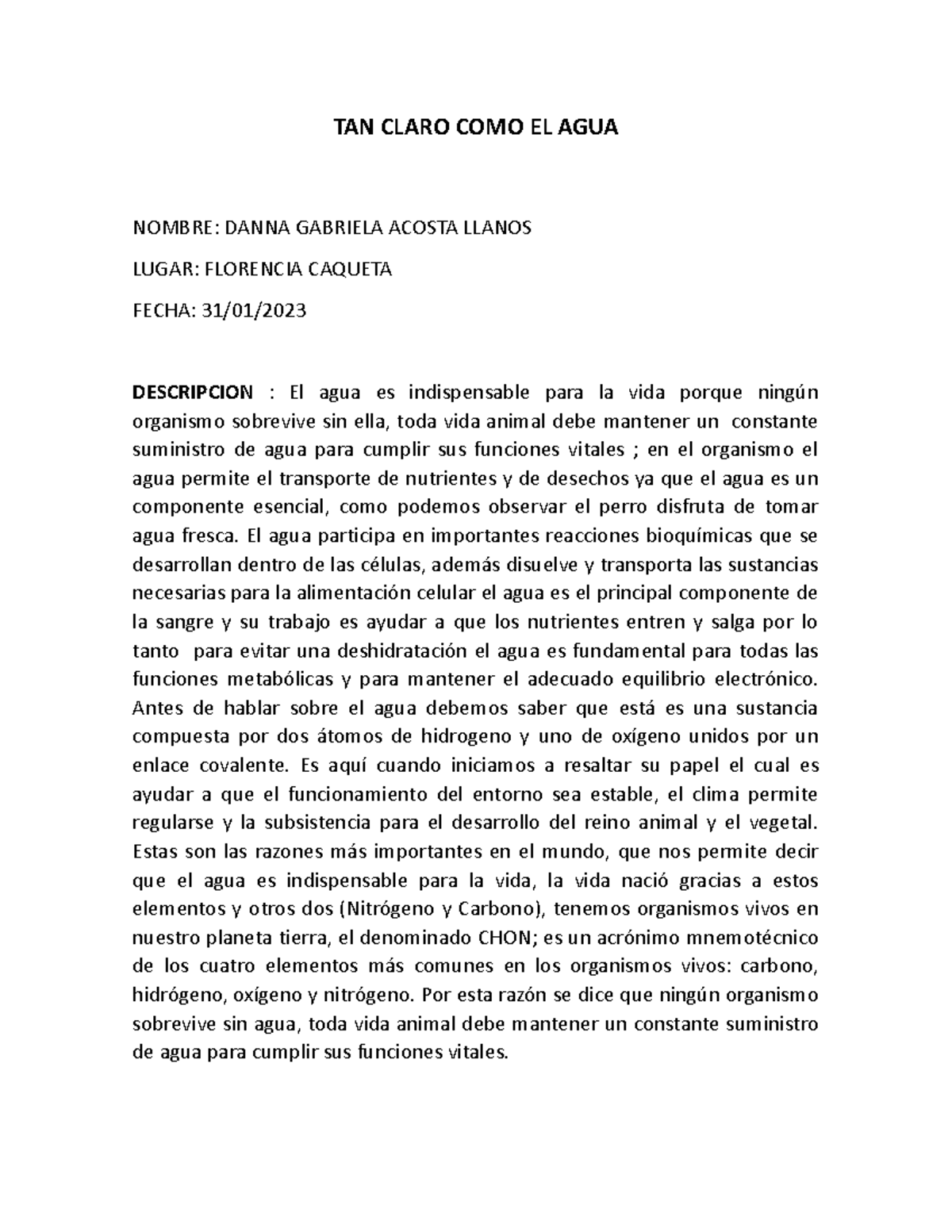 TAN Claro COMO EL AGUA articulo TAN CLARO COMO EL AGUA NOMBRE