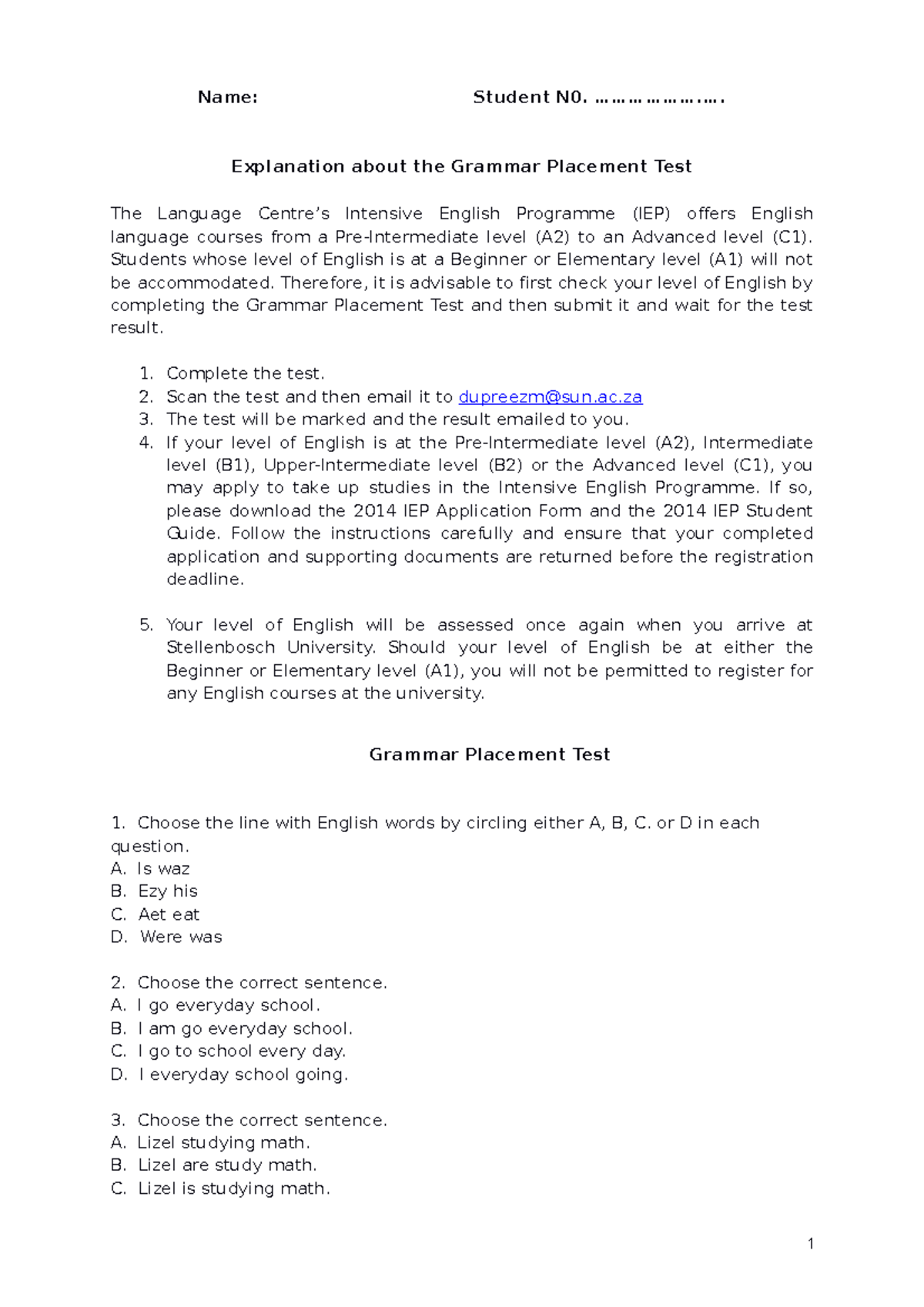 Attachment 1 grammar placement test name student n0