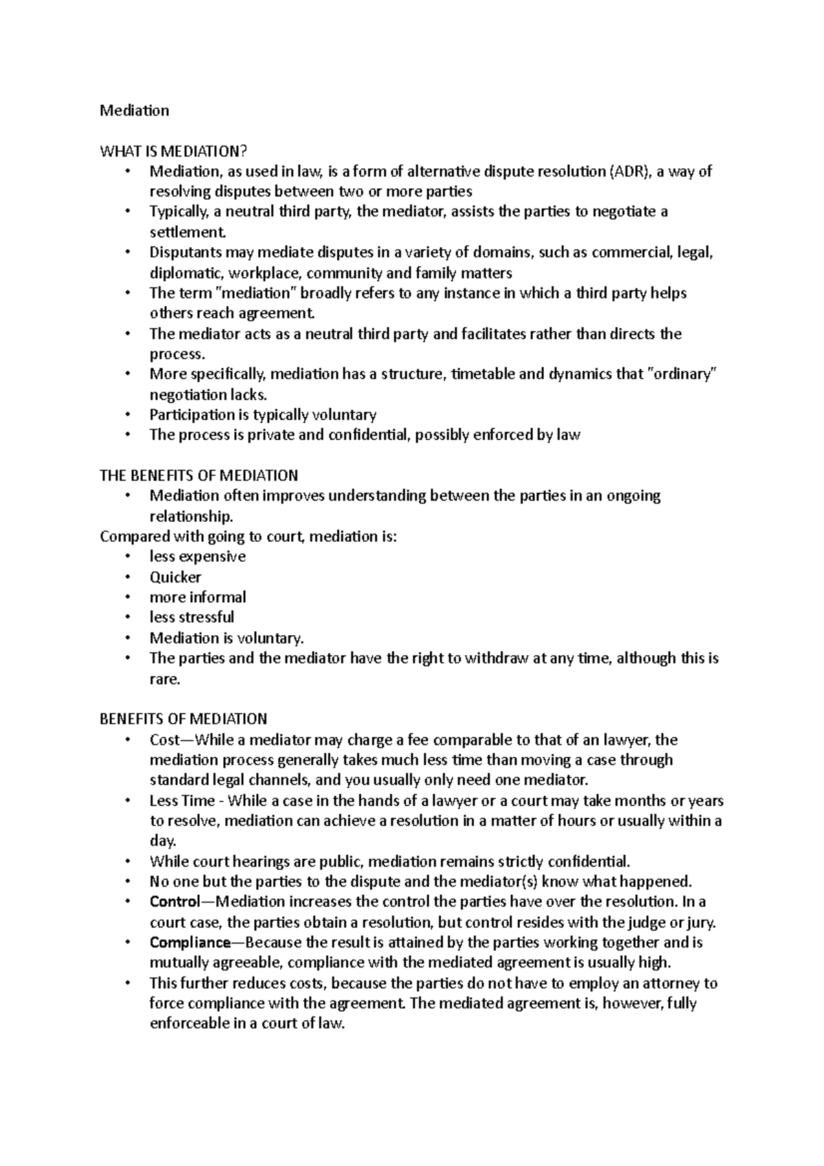 Mediation - Disputants may mediate disputes in a variety of domains ...