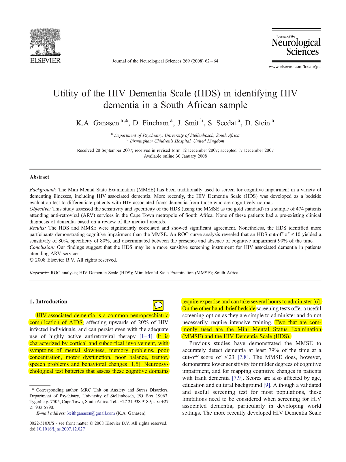 Utility of the HIV Dementia Scale (HDS) in identifying HIV dementia in ...