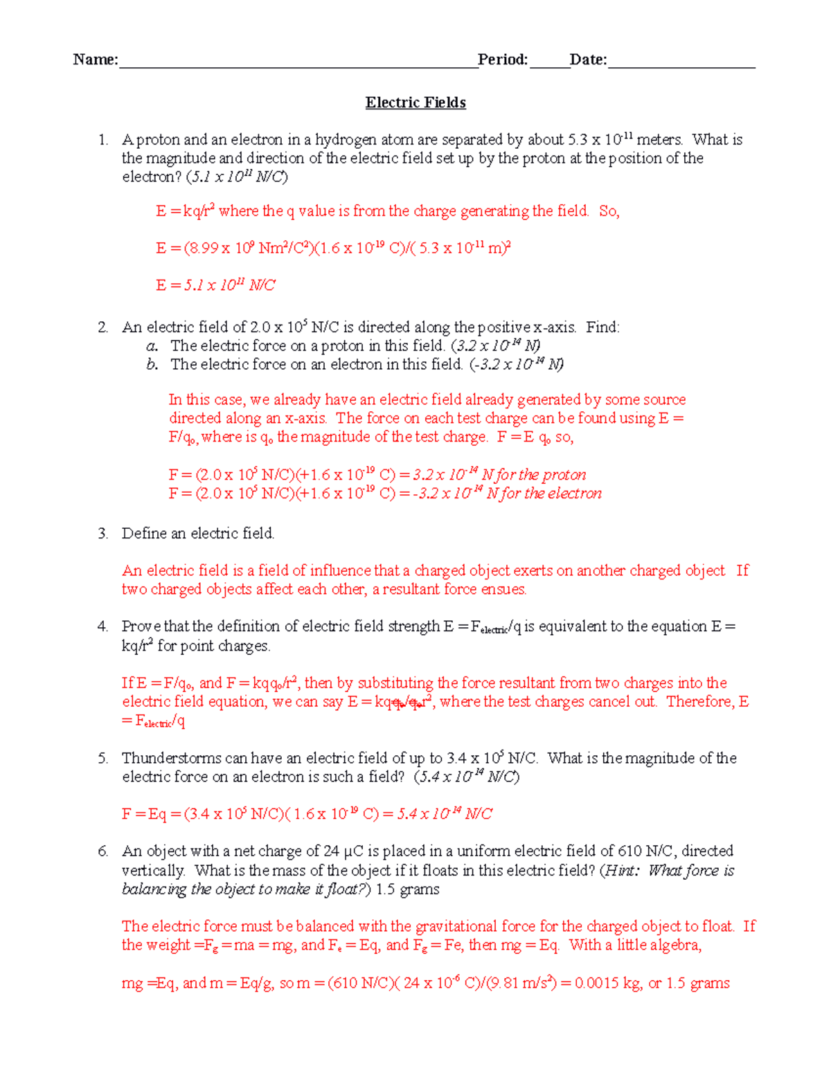 Electric Filelds Practice Problems New With E Field Densities Answer ...