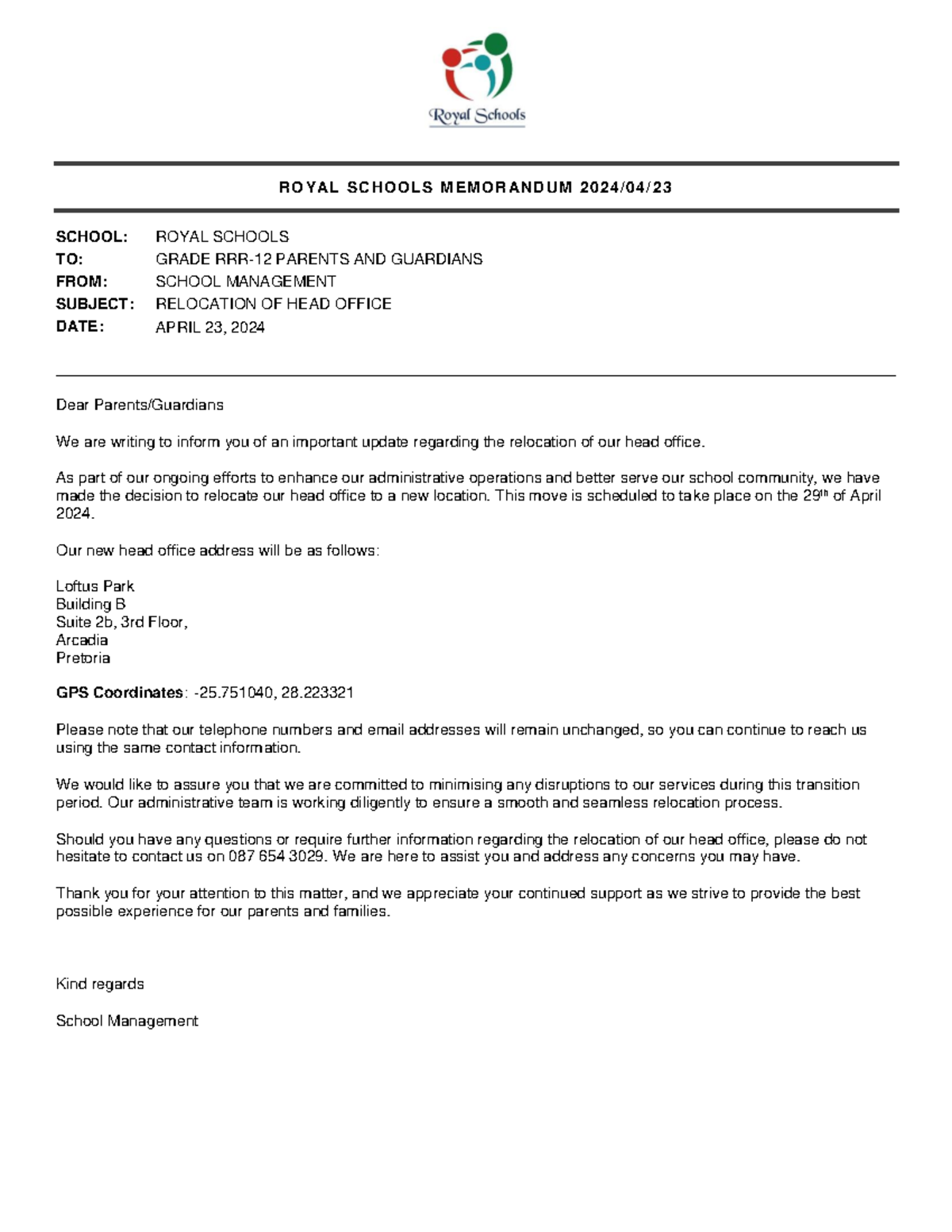 RS Parent Memo 20240423 - Relocation of Head Office (1) - RO Y AL SC HO ...