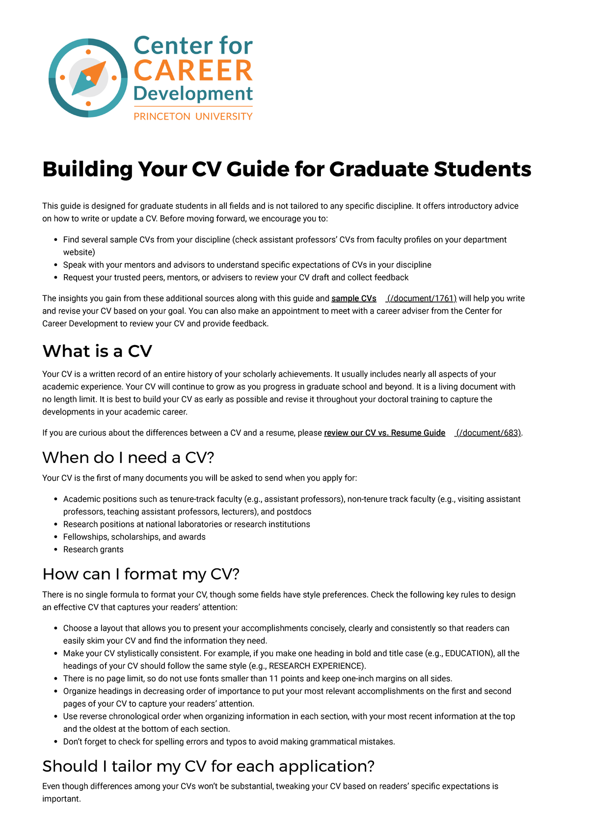 Princeton CV Guidelines - Building Your CV Guide for Graduate Students ...