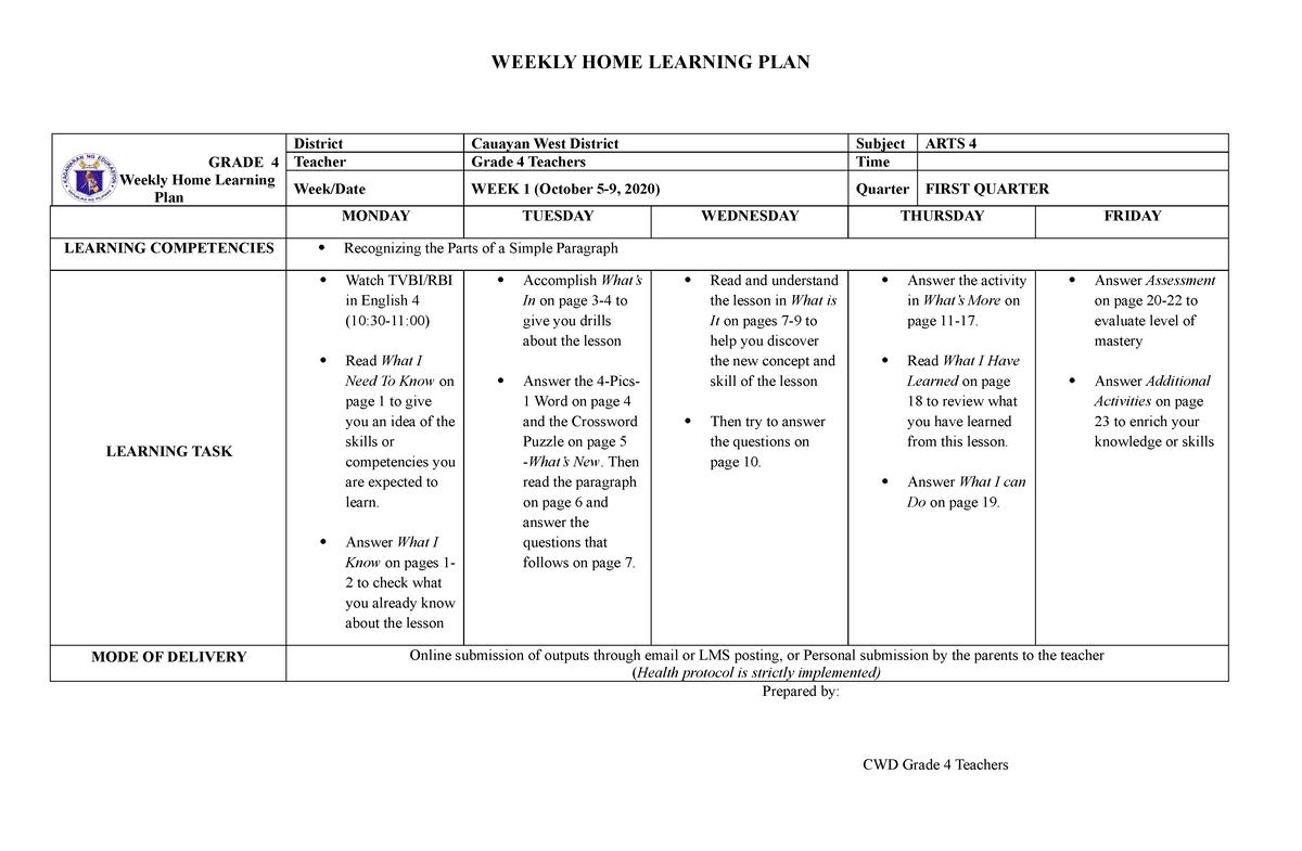 G4 Qi Wk I Weekly Home Plan Arts Grade 4 Weekly Home Learning Plan District Cauayan West 6489
