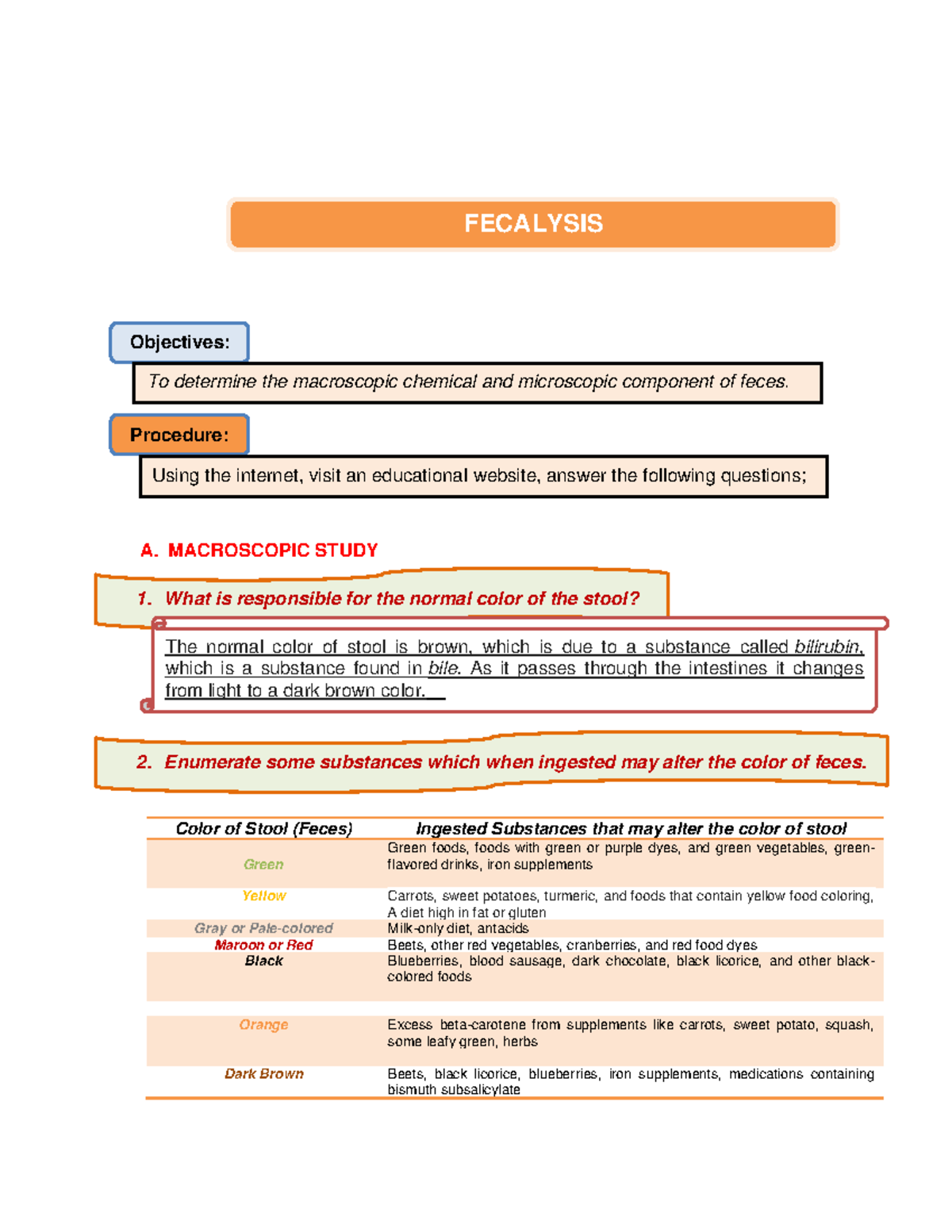 Fecalysis- Laboratory - A. MACROSCOPIC STUDY Color of Stool (Feces ...