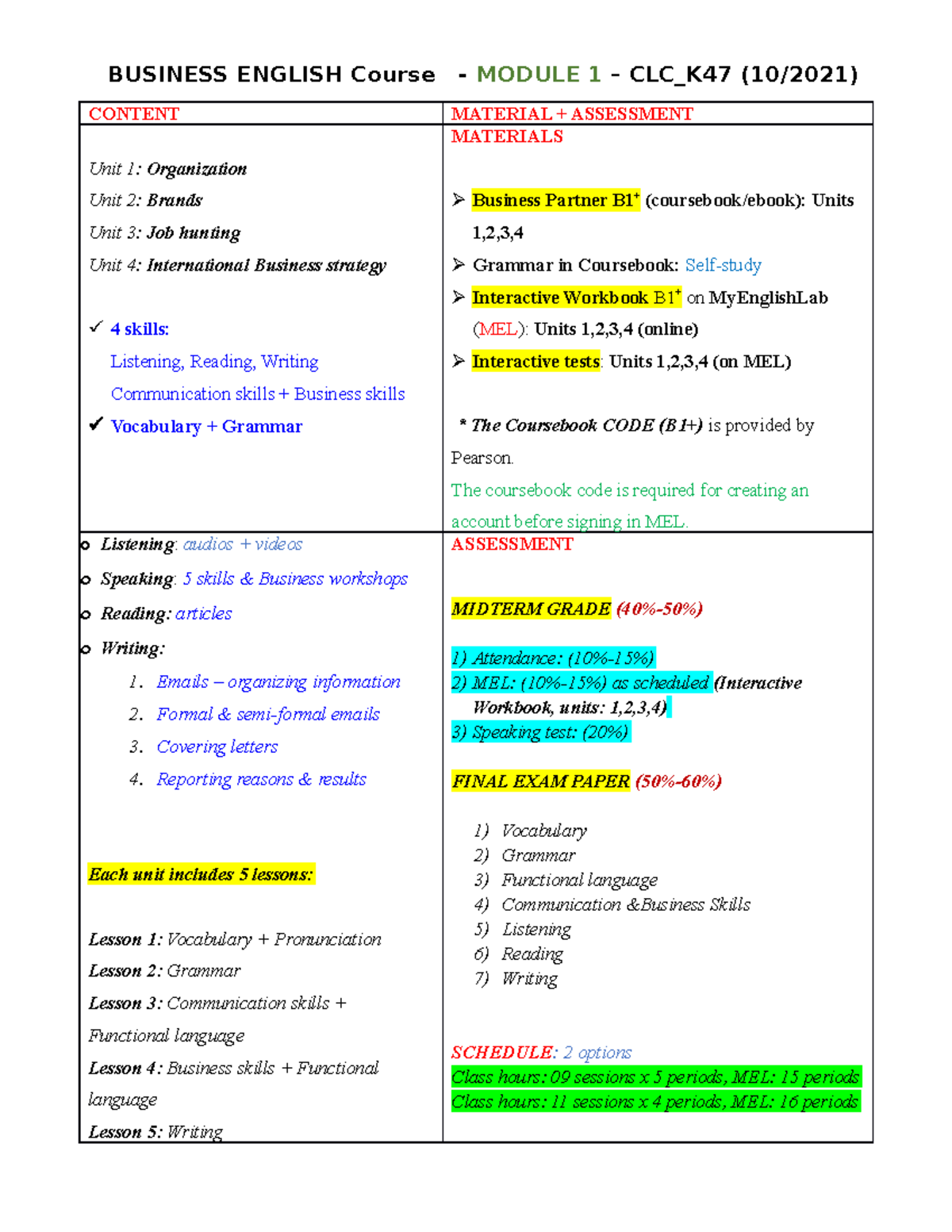 Course Outline BP B1+ M1 CLC K47 - BUSINESS ENGLISH Course - MODULE 1 ...