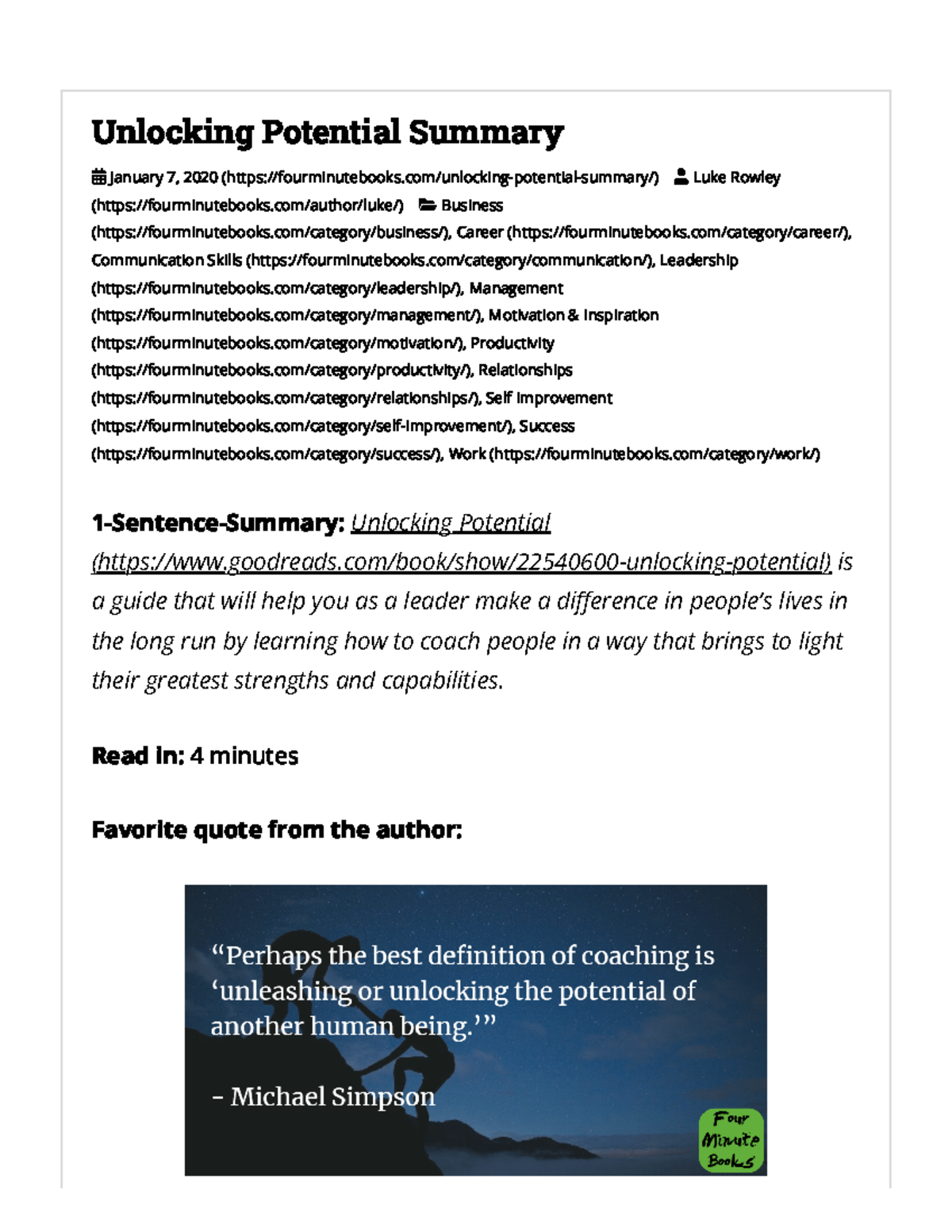 Unlocking Potential Summary - Four Minute Books - Unlocking Potential