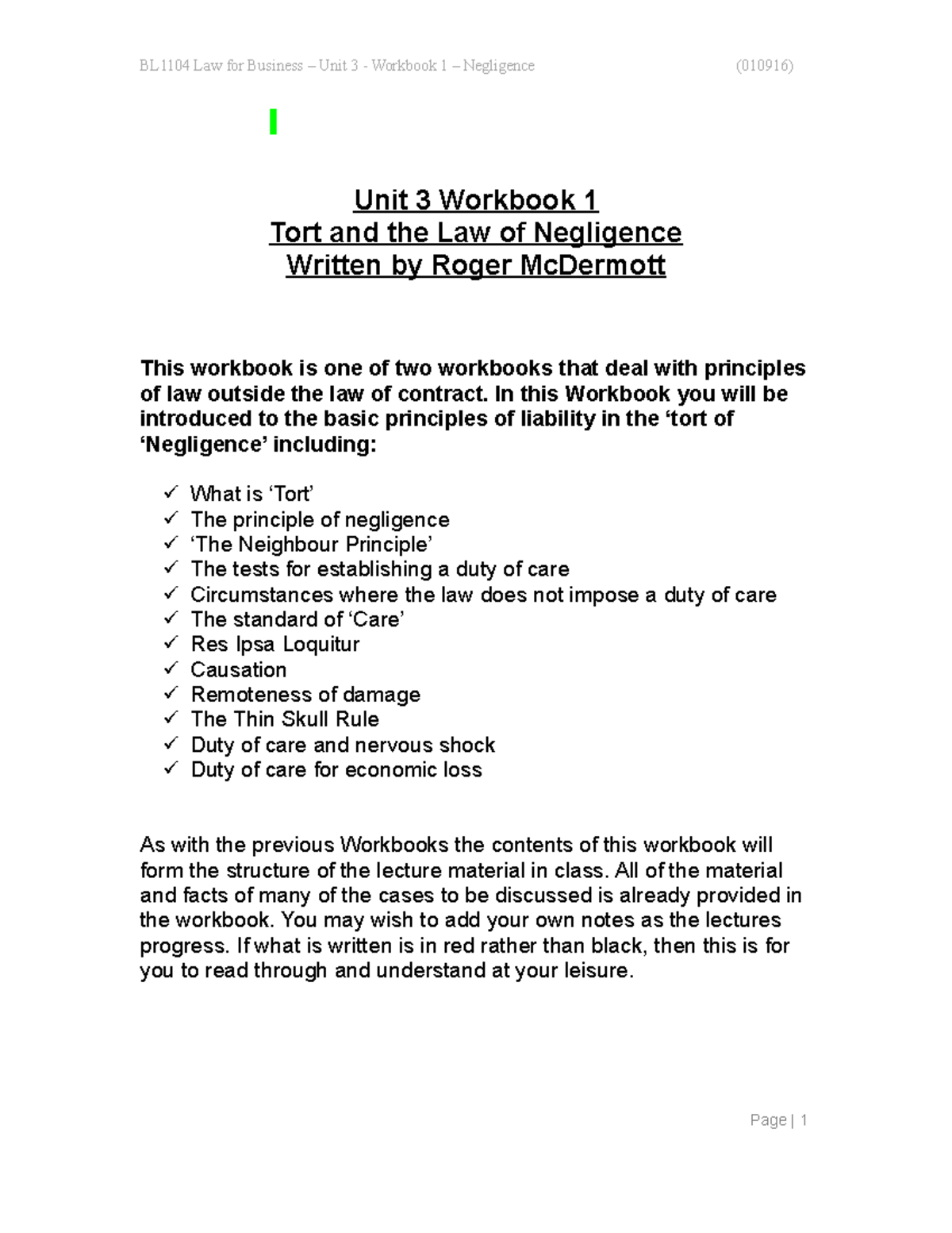 Unit 3 Workbook 1 Tort And Negligence Law For Business - 