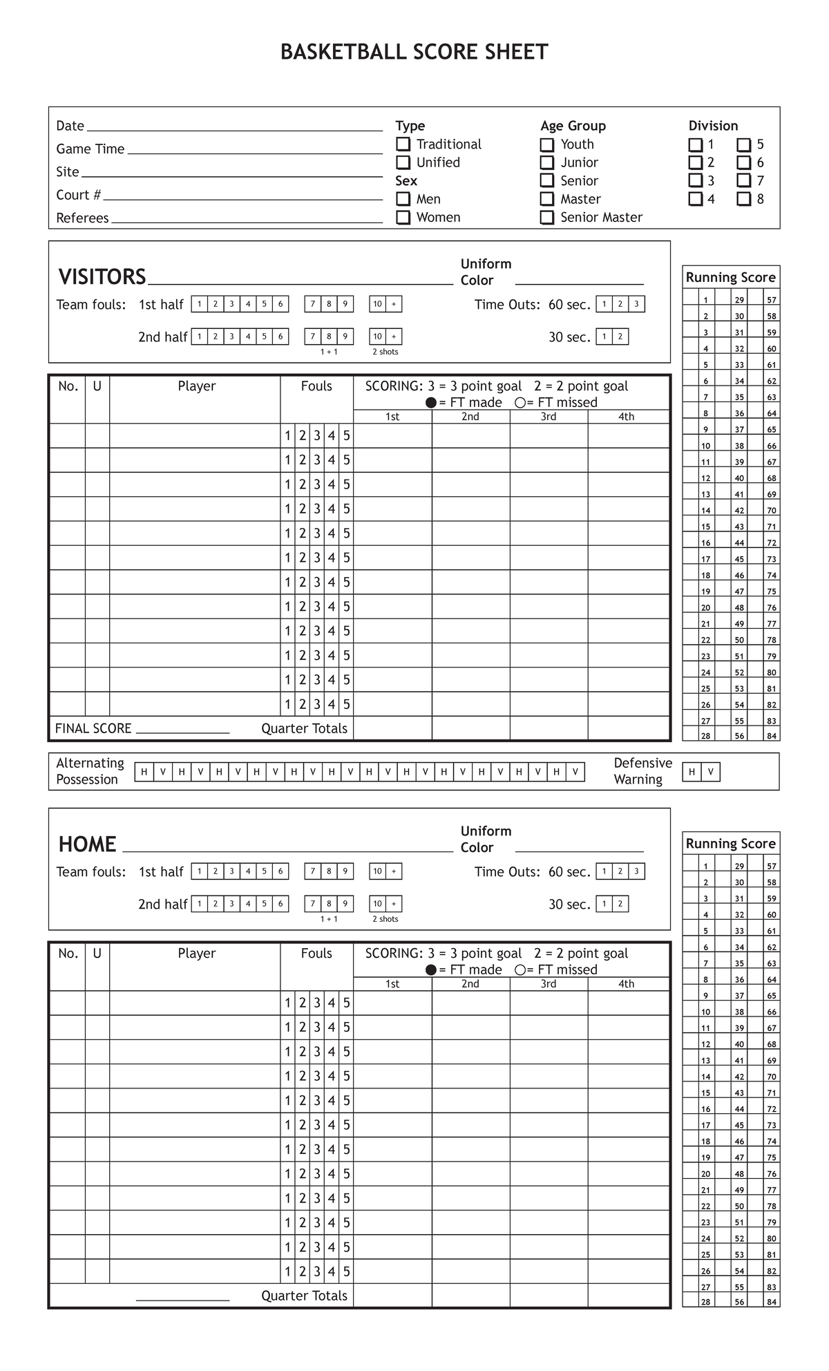 Basketball Score Sheet 1 2 3 4 5 6 7 8 9 10 1 2 3 4 5 6 7 8 9 10